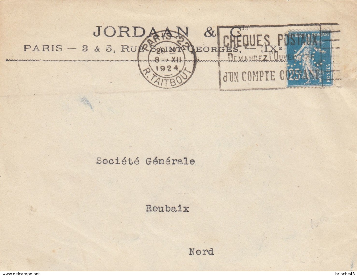 FRANCE - DEVANT DE LETTRE JORDAAN & C  - SEMEUSE 25c  PERFORE - 8.12.1924 PARIS   / 1 - 1921-1960: Periodo Moderno