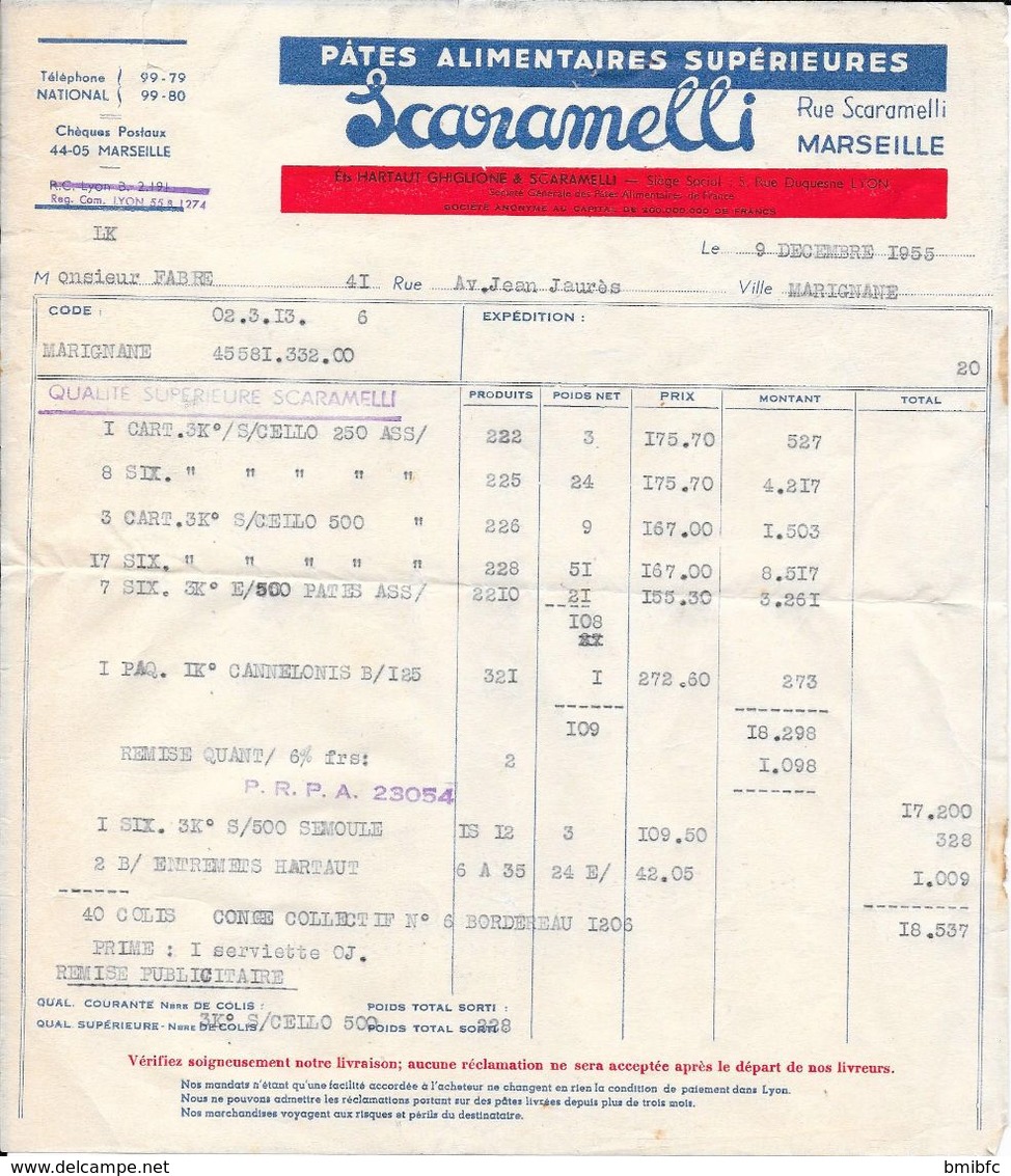 1955 - PATES ALIMENTAIRES SUPERIEURES Scaramelli - Rue Scaramelli MARSEILLE - Alimentare