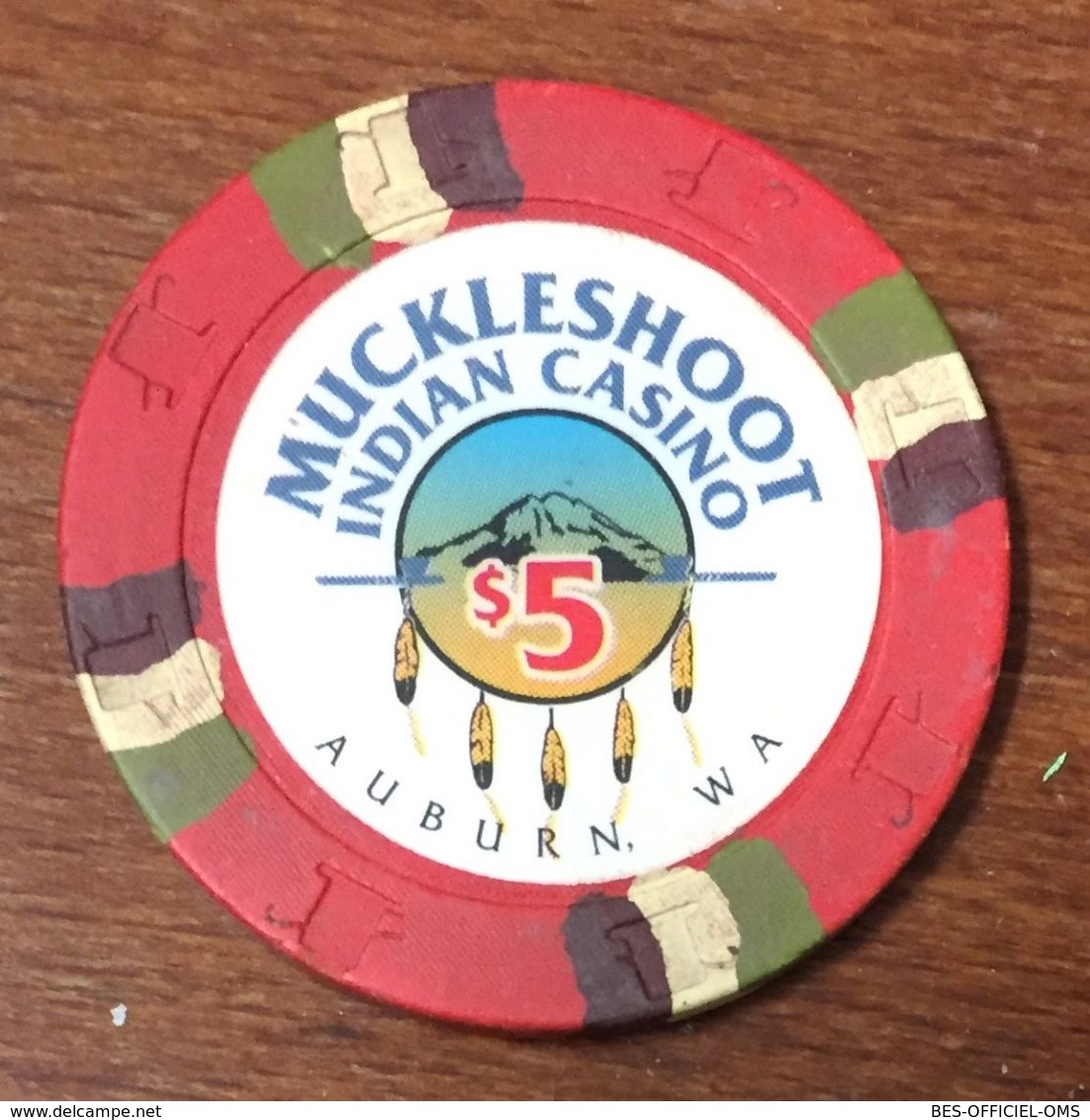 USA WASHINGTON AUBURN MUCKLESHOOT INDIAN CASINO CHIP $5 INDIENS JETON TOKENS COINS - Casino