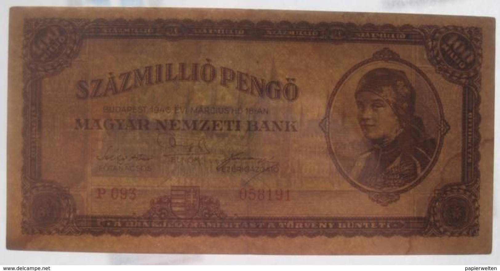 100 000 000 / SzazMillio Pengö 1946 (WPM 130) - Hungría
