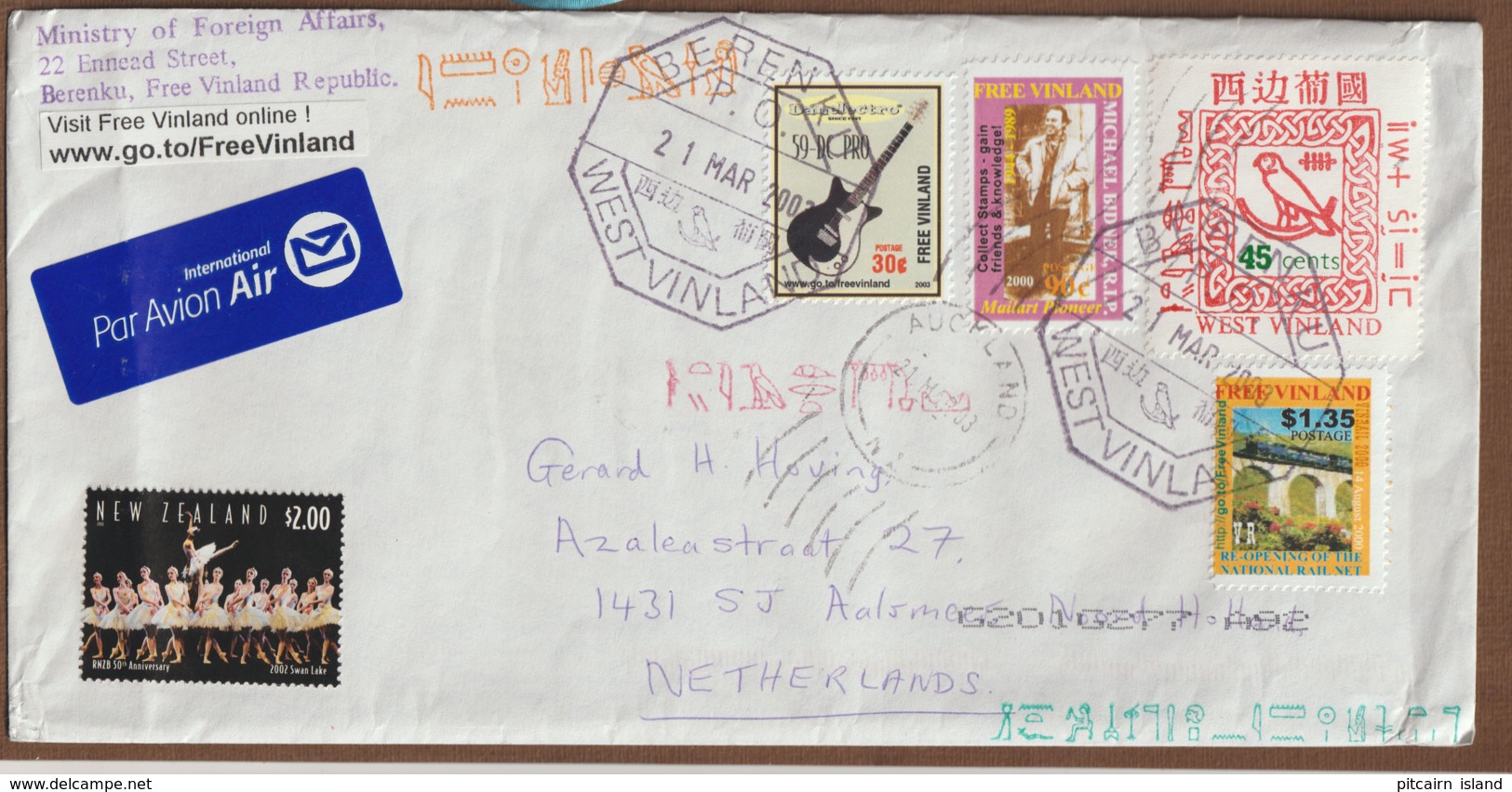 Letter From New-Zealand , Free Vinland Republic  21-mar-2003 Marked At Berenku To Holland   Very Scarce - Abarten Und Kuriositäten
