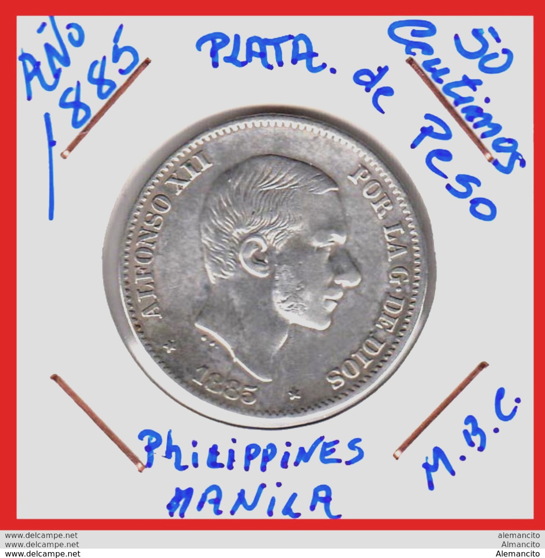 MONEDA  DE 50 CENTAVOS DE PESO PLATA ALFONSO XII DEL AÑO 1885 PHILIPPINES -  Verzamelingen