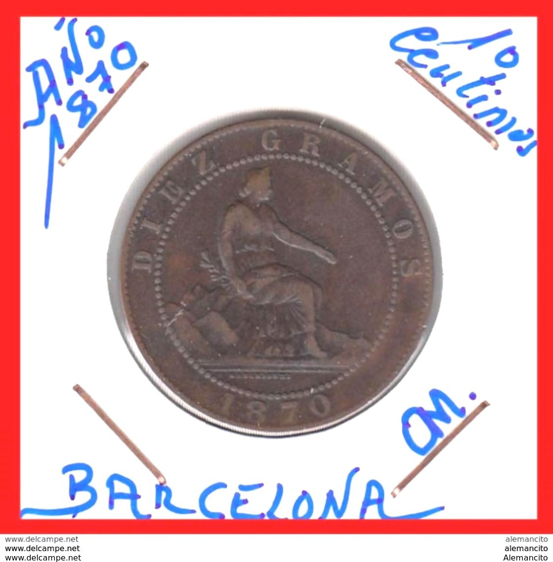 MONEDA DE 10 CENTIMOS COBRE DEL AÑO 1870 OM.. ( BARCELONA ) -  Collezioni