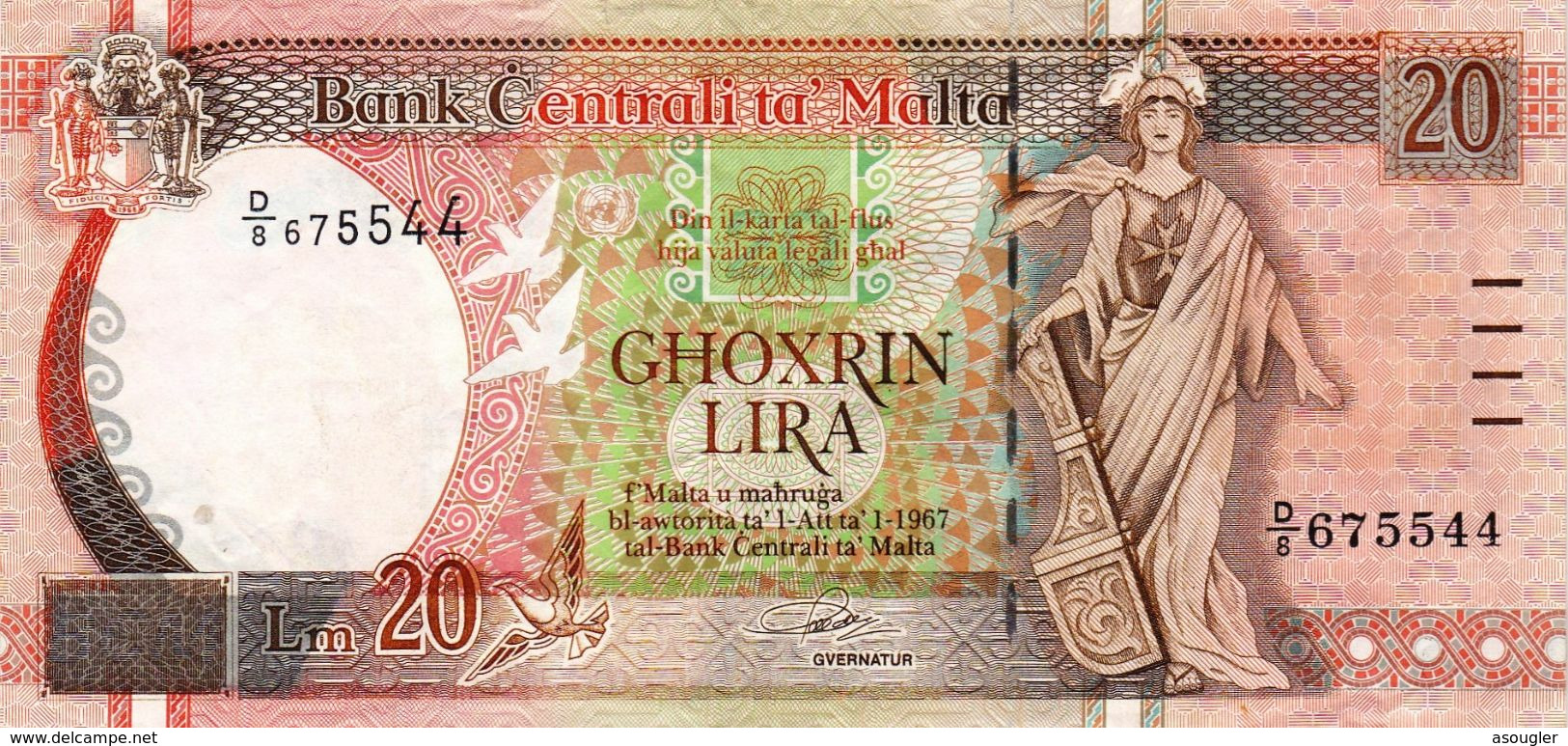 MALTA 20 LIRA 1967 (1994) VF P-48a "free Shipping Via Registered Air Mail" - Malte