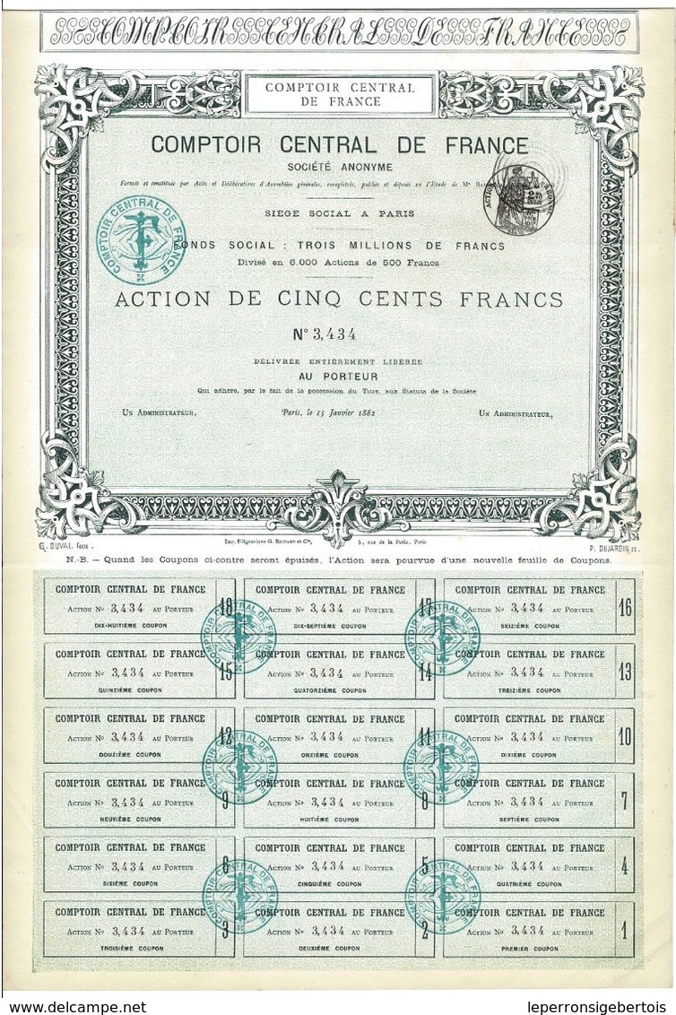 Titre Ancien - Comptoir Central De France -  Le Plus Ancien RICHARD- Titre De 1882 - Banco & Caja De Ahorros