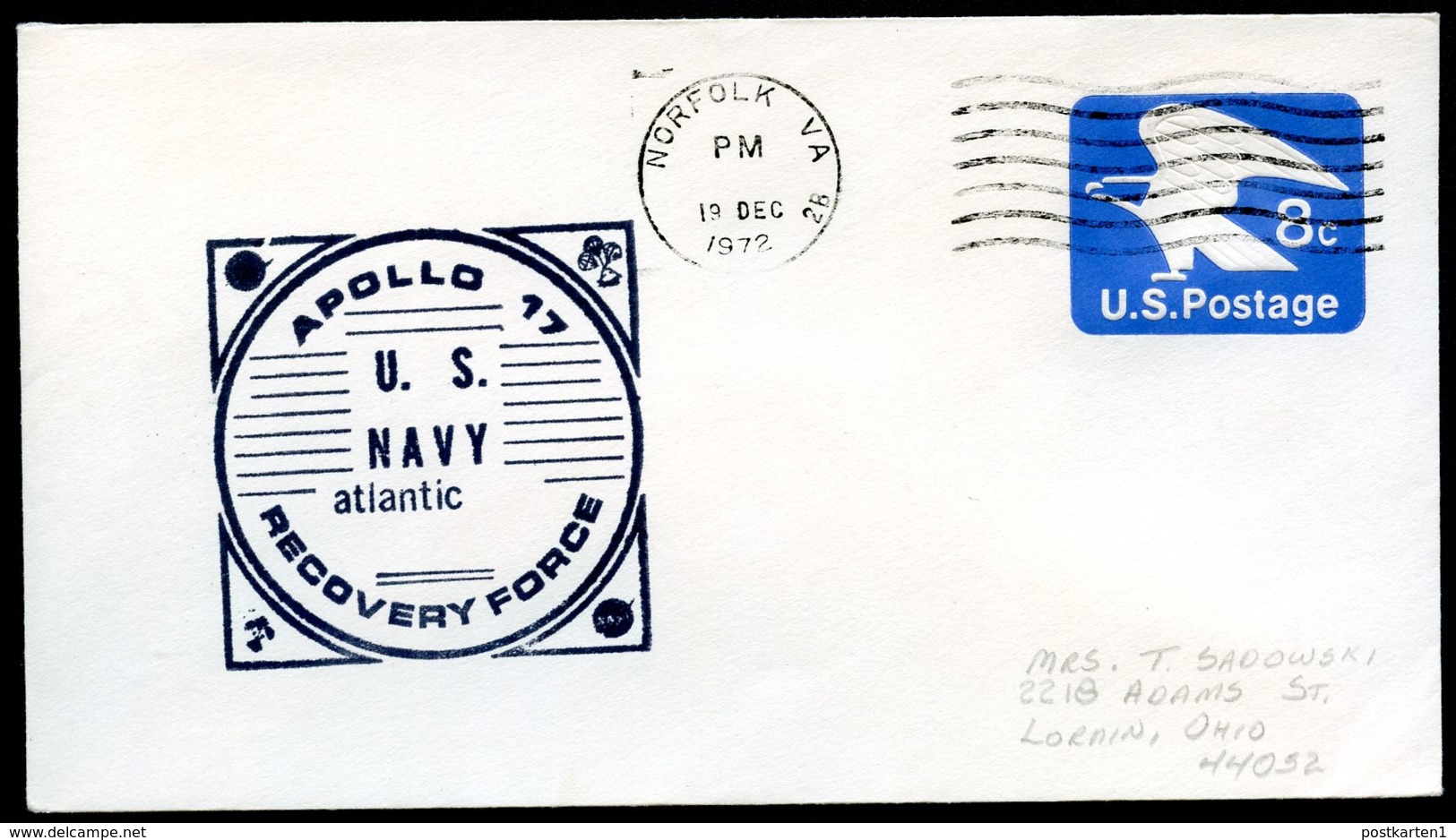 APOLLO 17 US Navy Atlantic 1972 USA Cachet On U557 Norfolk VA - Amérique Du Nord