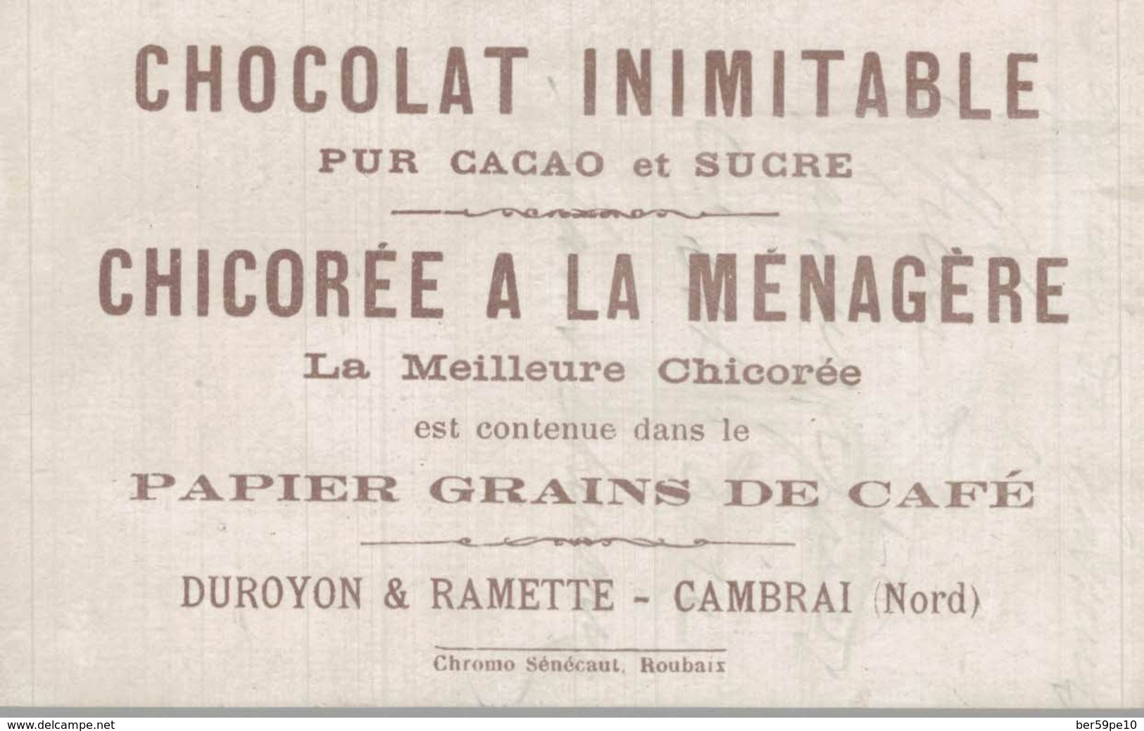 CHROMO CHOCOLAT INIMITABLE DUROYON & RAMETTE CAMBRAI  OFFICIER DE CHASSEURS A CHEVAL - Duroyon & Ramette