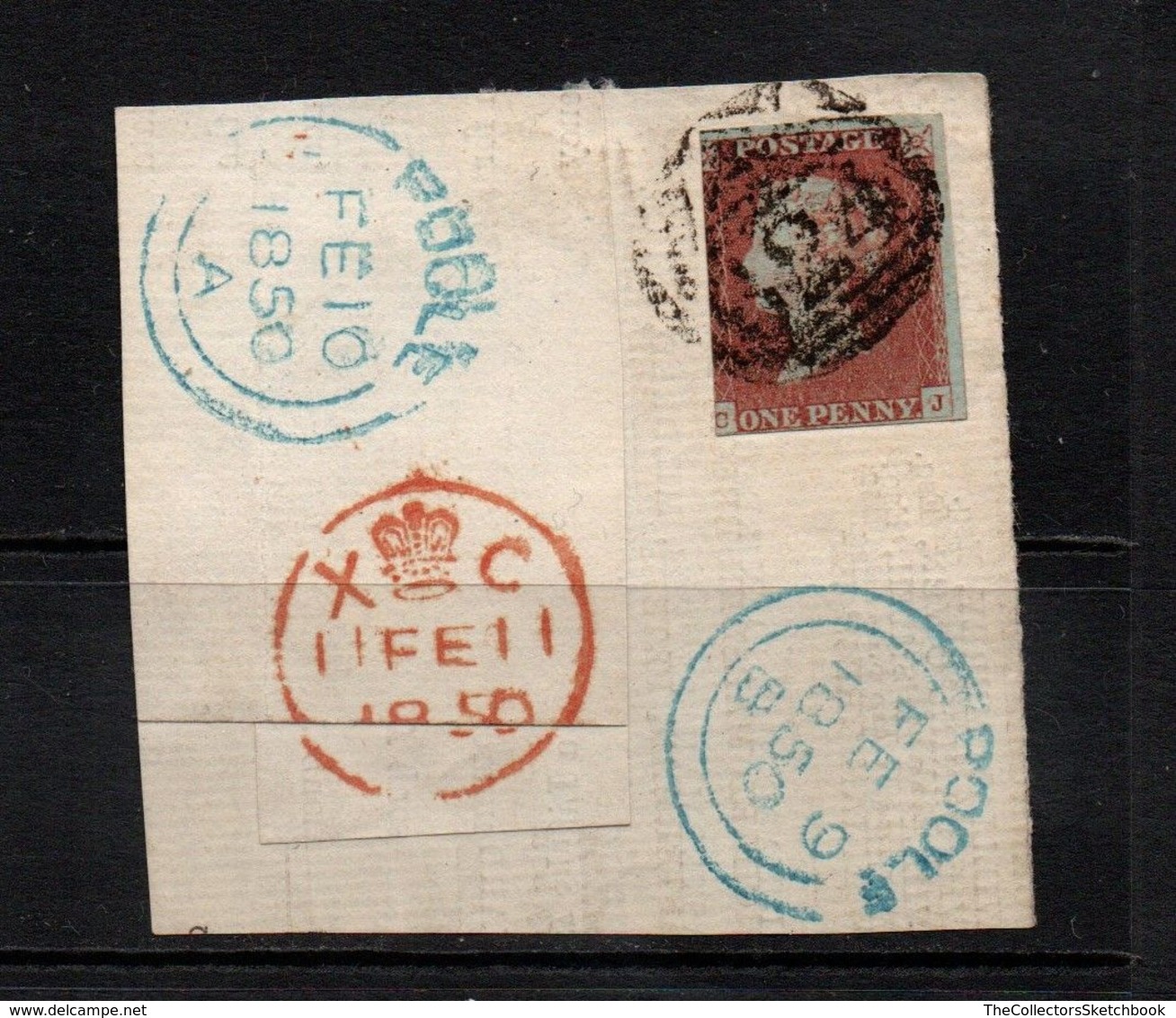 GB Victoria Penny Red Imperf  ; On A Piece With Blue And Red Poole Cancels - Gebruikt