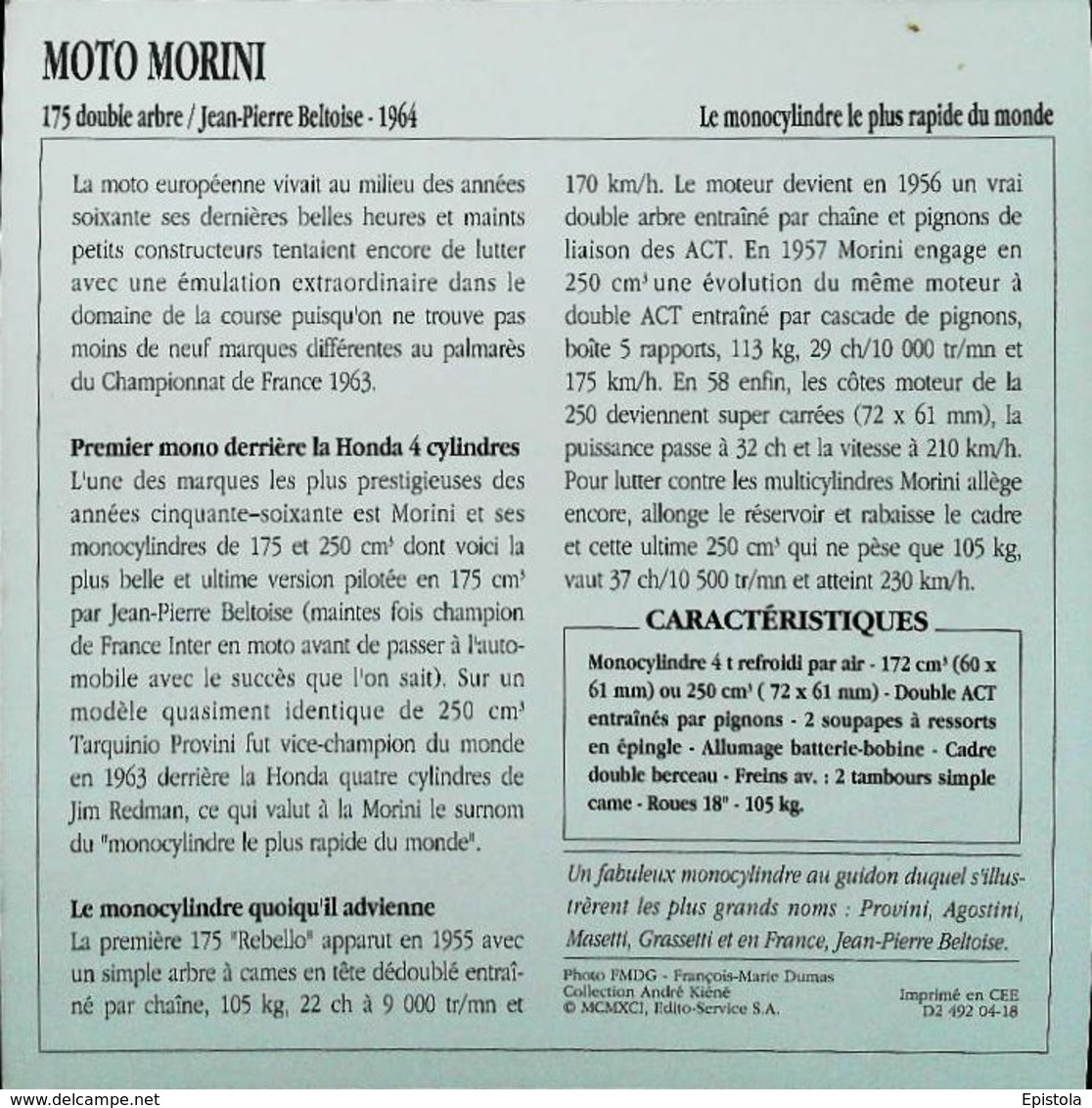 MOTO MORINI 175cc De Jean Pierre BELTOISE  1964- Moto Italienne - Collection Fiche Technique Edito-Service S.A. - Collections