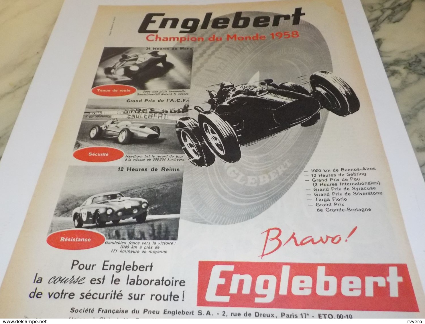 ANCIENNE PUBLICITE CHAMPION DU MONDE PNEU ENGLEBERT   1958 - Car Racing - F1