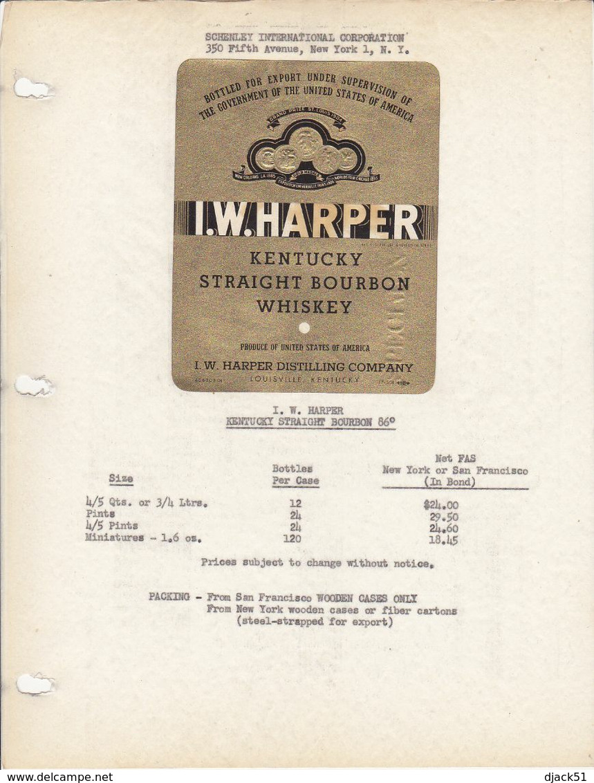 Superbe Et Rare Etiquette / The House Of Schenley N.Y. / 1951 / I.W. HARPER KENTUCKY STRAIGHT BOURBON 86° - Etats-Unis