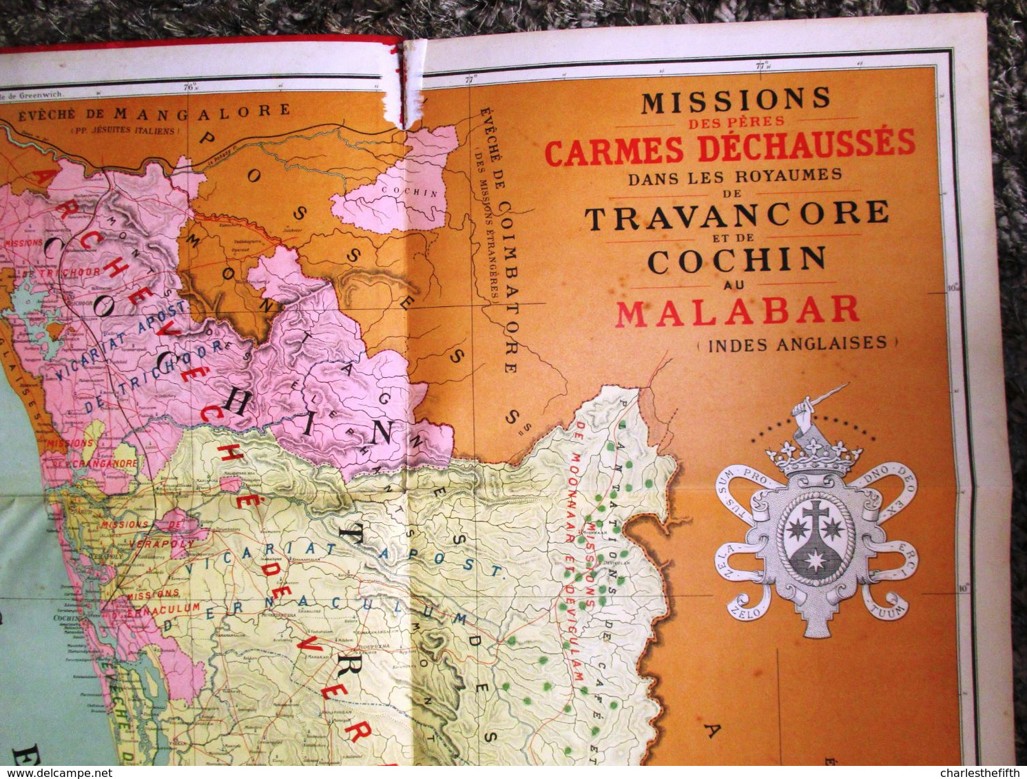 VERY RARE ! LARGE MAP OF THE MISSIONS OF THE BAREFOOT CARMELITE FATHERS IN BRITISH INDIA ( TRAVANCORE AND COCHIN MALABAR - Monde