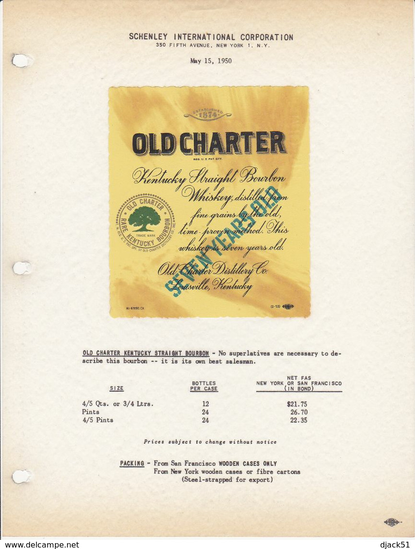 Superbe Et Rare Etiquette / The House Of Schenley N.Y. / 1950 / OLD CHARTER KENTUCKY STRAIGHT BOURBON - Stati Uniti