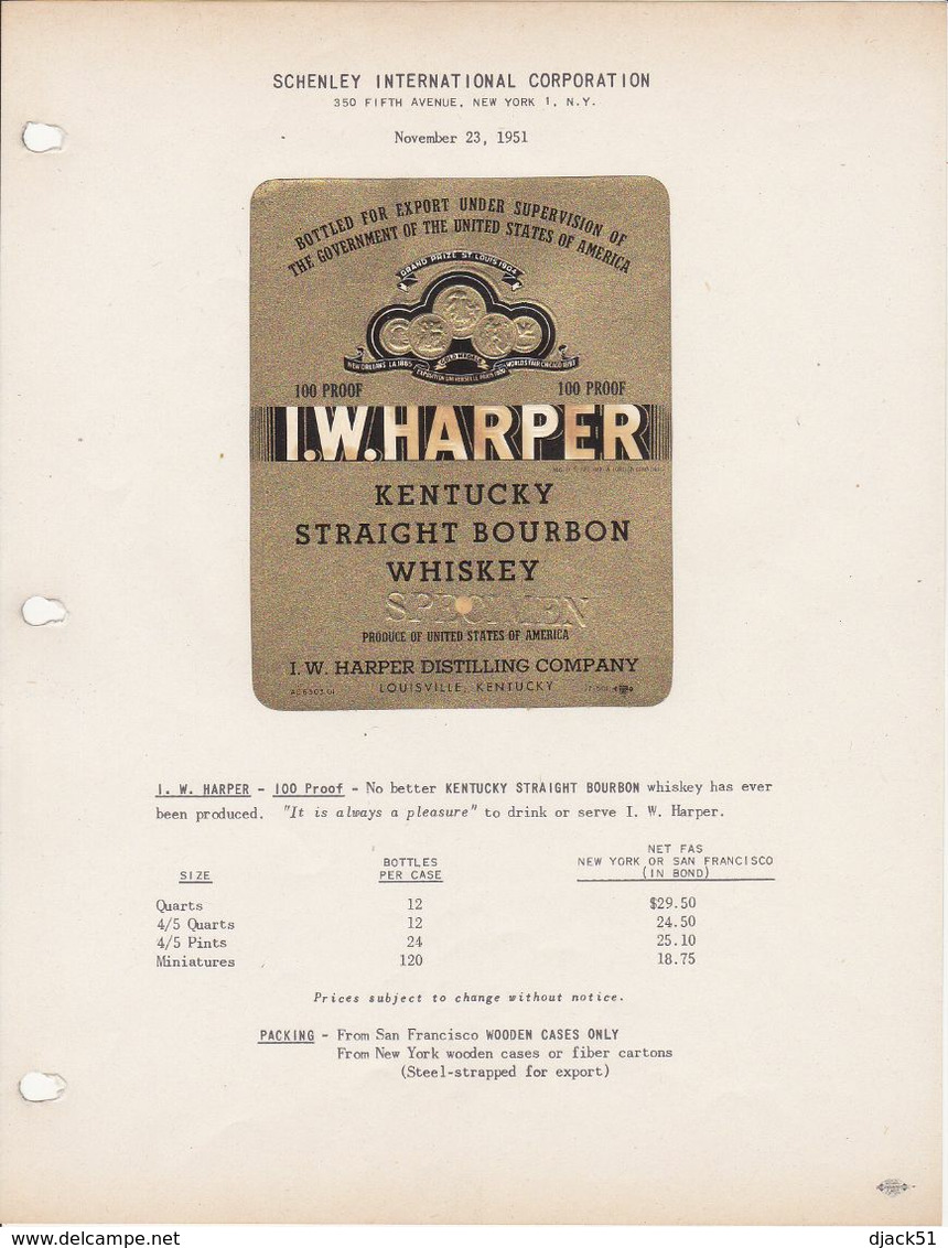 Superbe Et Rare Etiquette / The House Of Schenley N.Y.  1951 / I.W. HARPER 100 Proof No Better KENTUCKY STRAIGHT BOURBON - United States