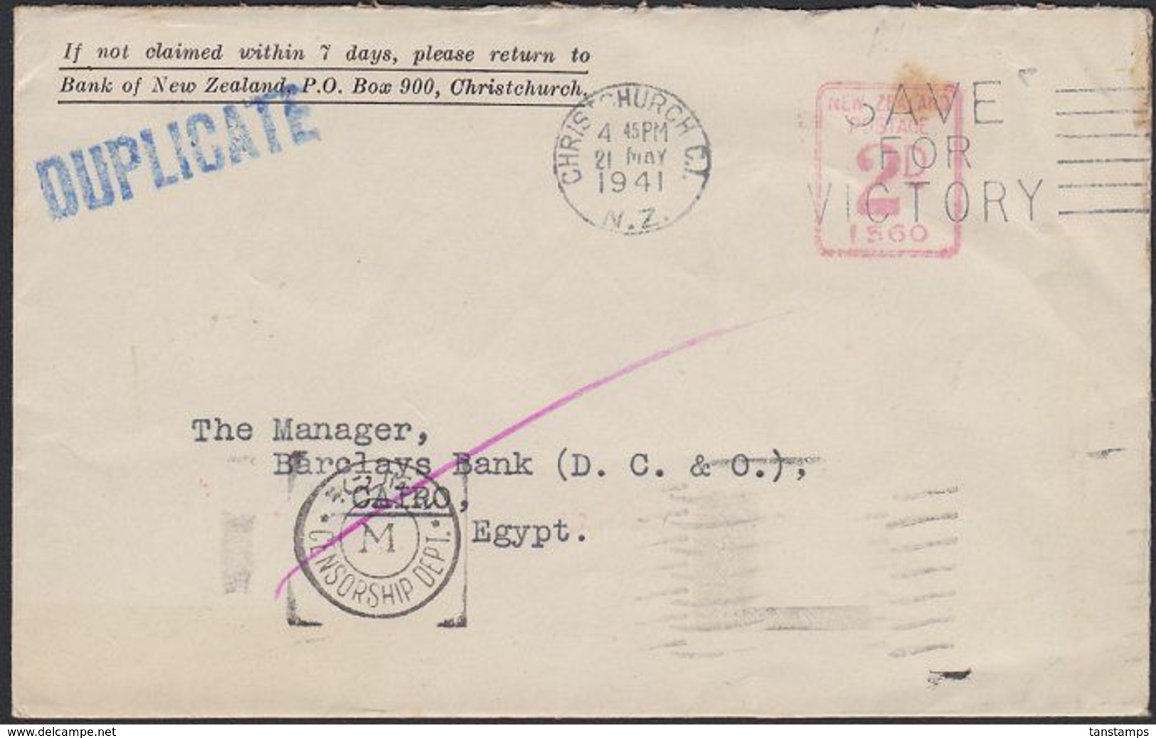 NEW ZEALAND - EGYPT WWII CENSORED METER COVER - Covers & Documents