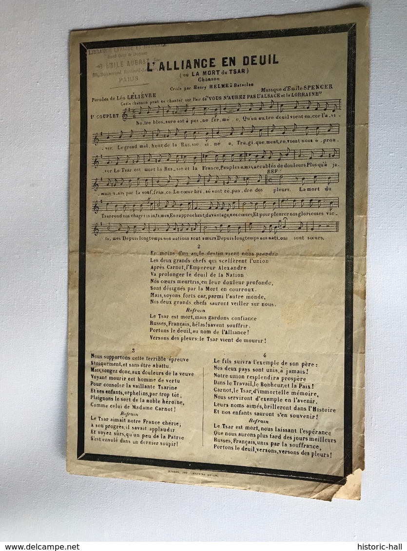 Partition XIXe - L’ALLIANCE En DEUIL Ou La Mort Du TSAR (ALEXANDRE III) Par Henry Helme à Ba Ta Clan - Noten & Partituren