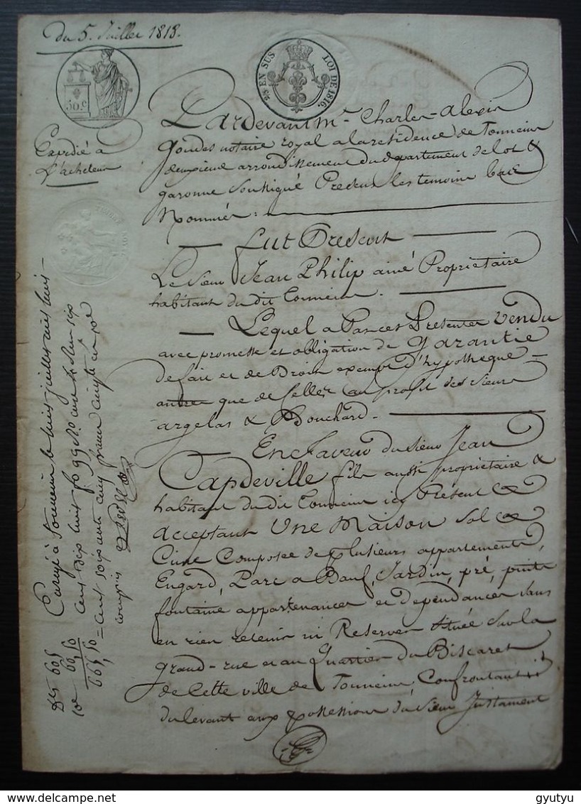 Tonneins 1818 (Lot Et Garonne) Vente D'une Maison Au Quartier Biscaret Par Jean Philip à Jean Capdeville - Manuscripts