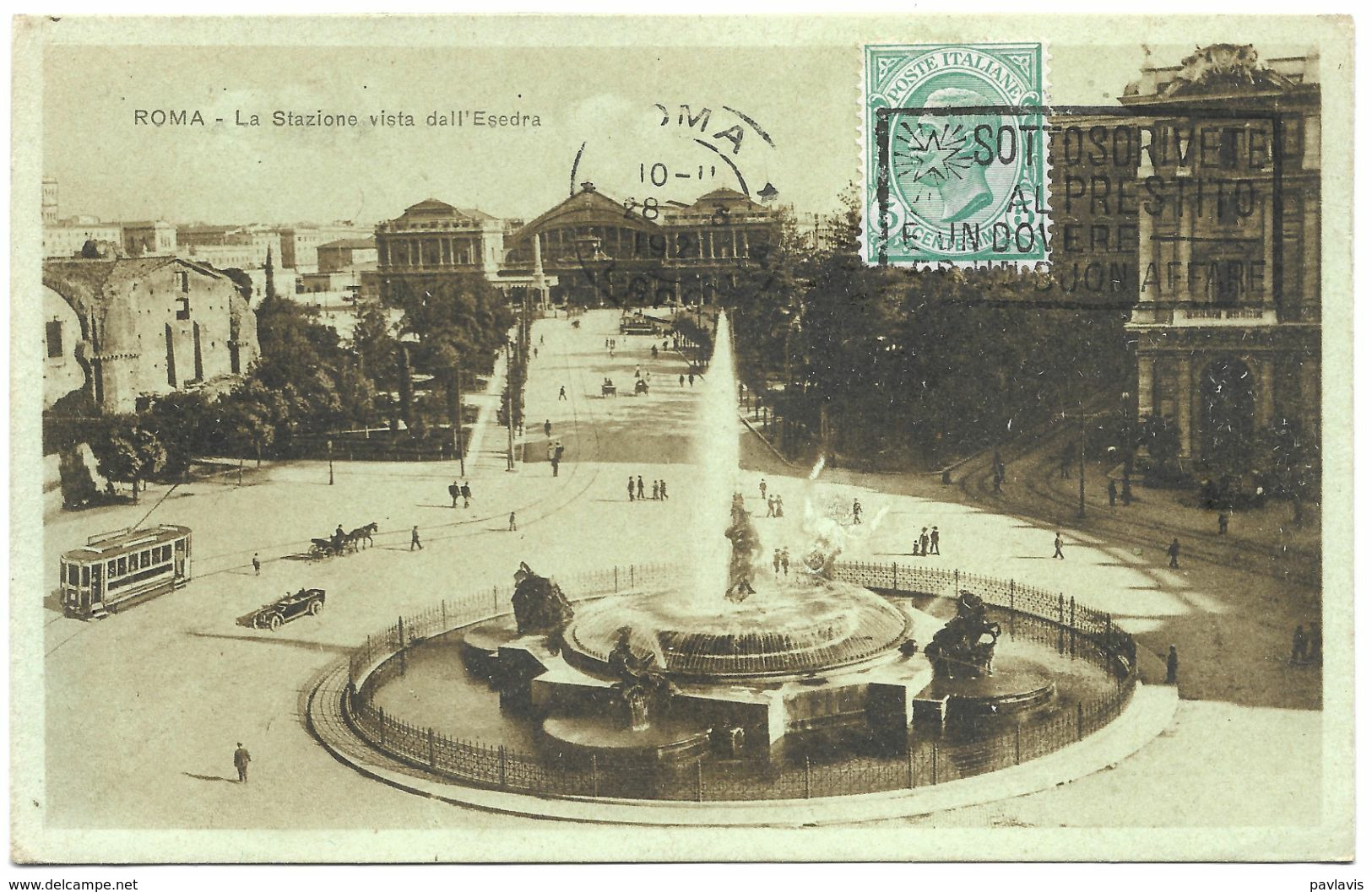 Rome / Roma – La Stazione Vista Dall'Esedra – With A Stamp 5 Centesimi – Year 1920 - Transportmiddelen