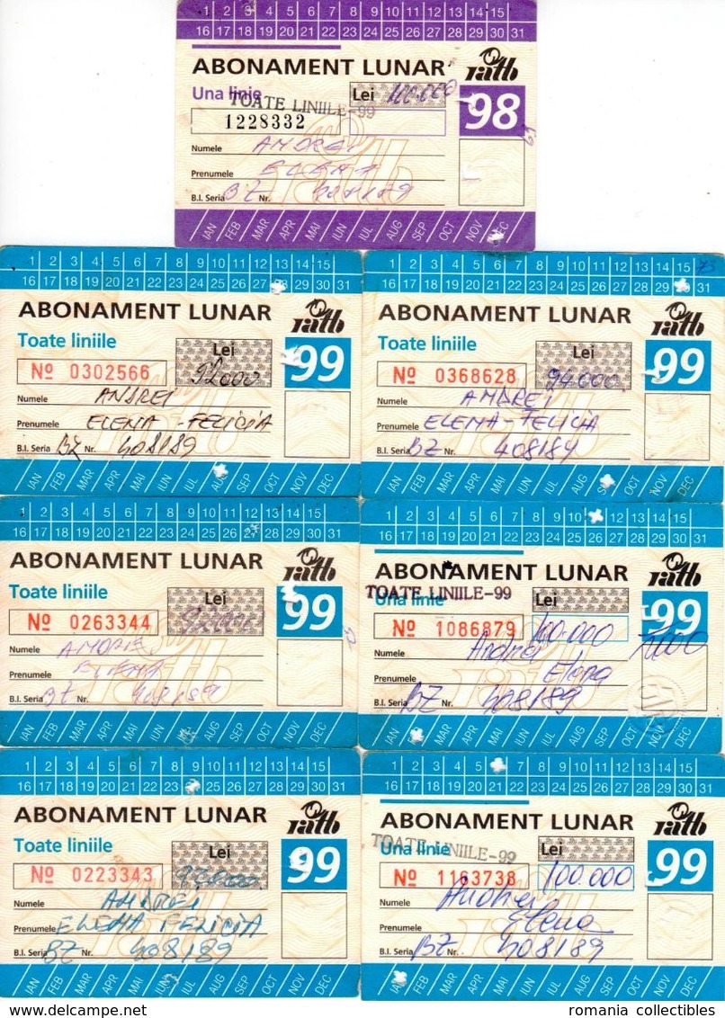 Romania, 1998-1999, Bucharest Tramway Trolley Bus - Lot Of 7 Transport Passes, RATB - Sonstige & Ohne Zuordnung