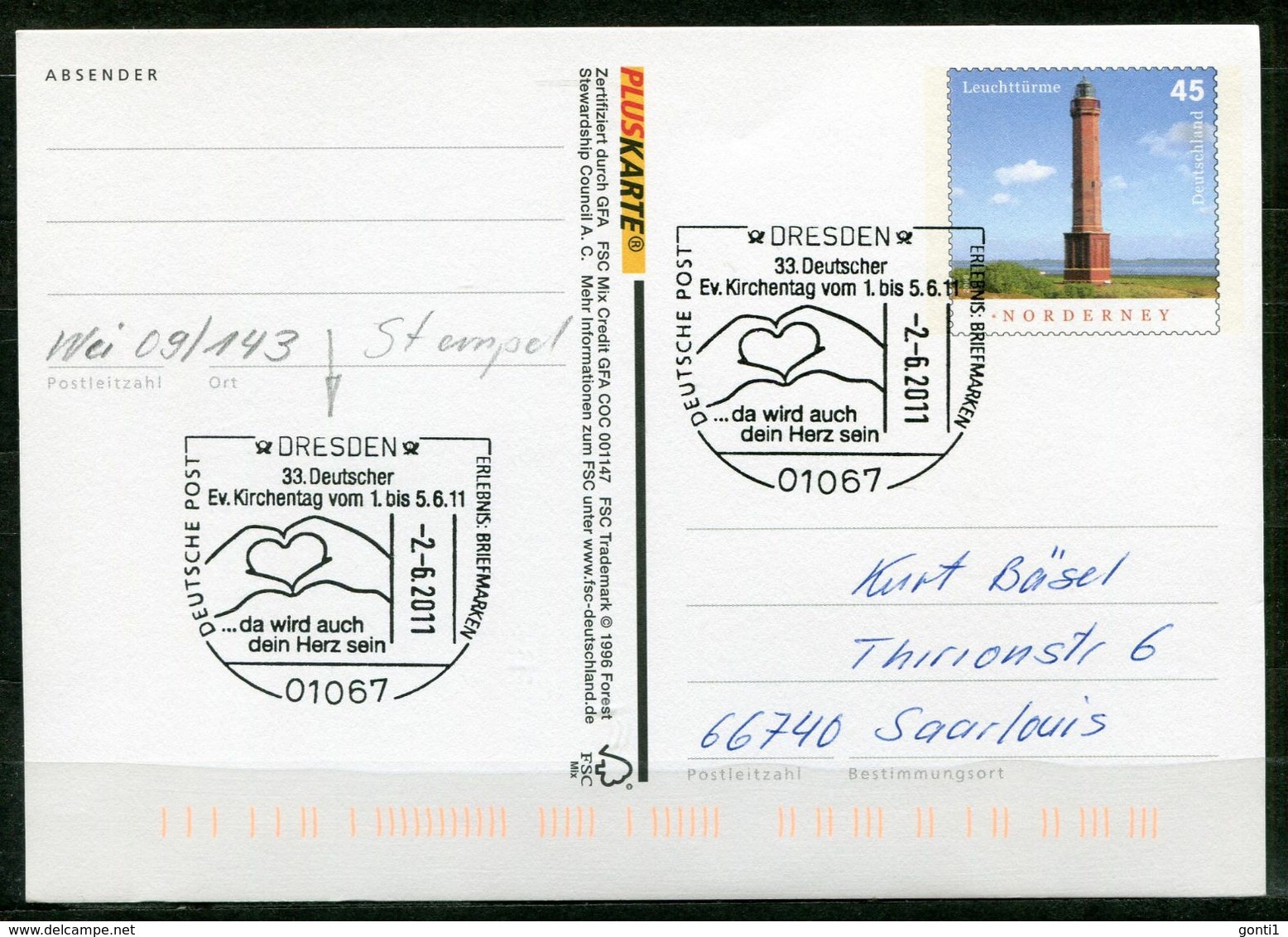 Germany 2011 PLUSKARTE Leuchtturm Mi.Nr.PSo 103 I Als Stempelbeleg Mit SST"Dresden-33.Dt.Ev.Kirchentag "1 GS Used - Christentum