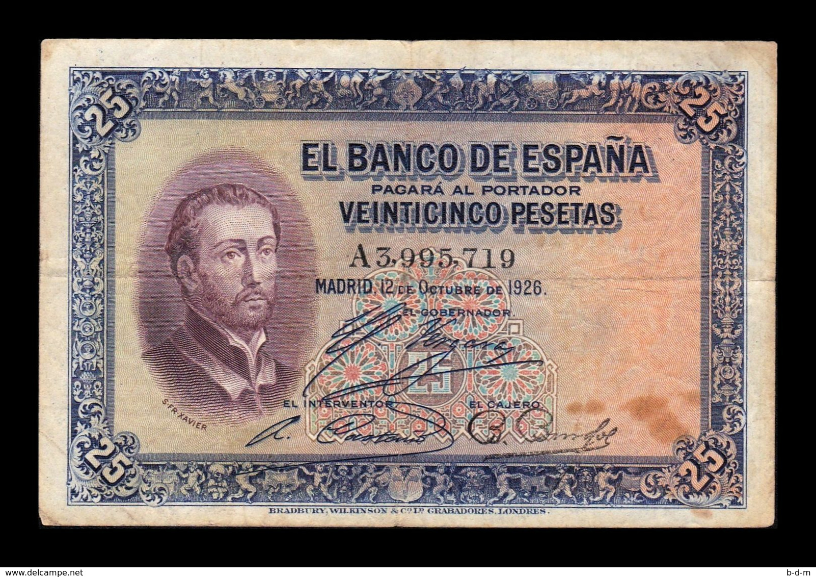 España Spain 25 Pesetas San Francisco Xavier 1926 Pick 71a Serie A BC/MBC F/VF - 1-2-5-25 Pesetas