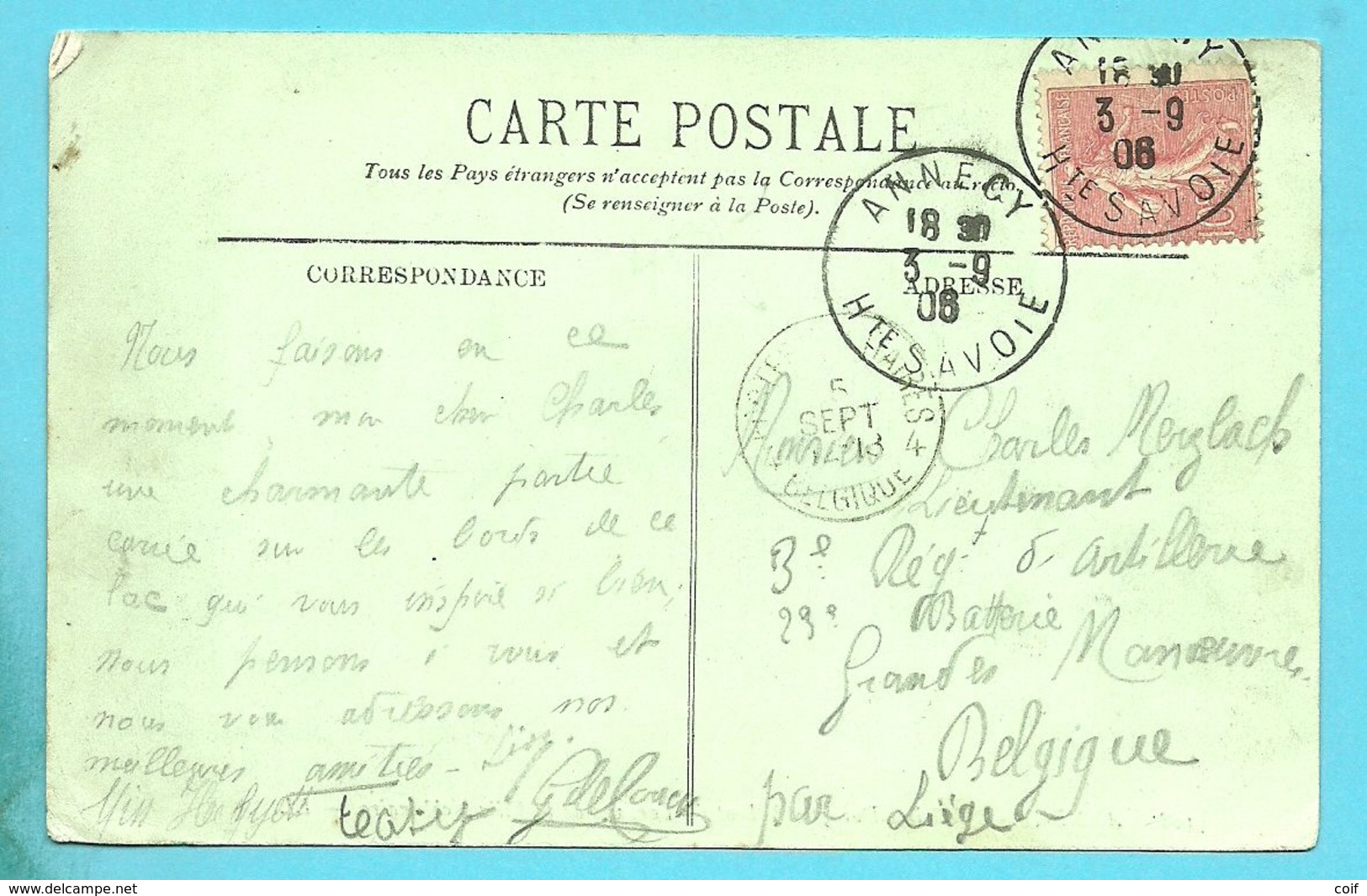 Kaart Vanuit ANNECY (France) Naar "Lieutenant Grand Manouvres (Par Liege) ,stempel POSTES MILITAIRES BELGIQUE 4 1906 - Army