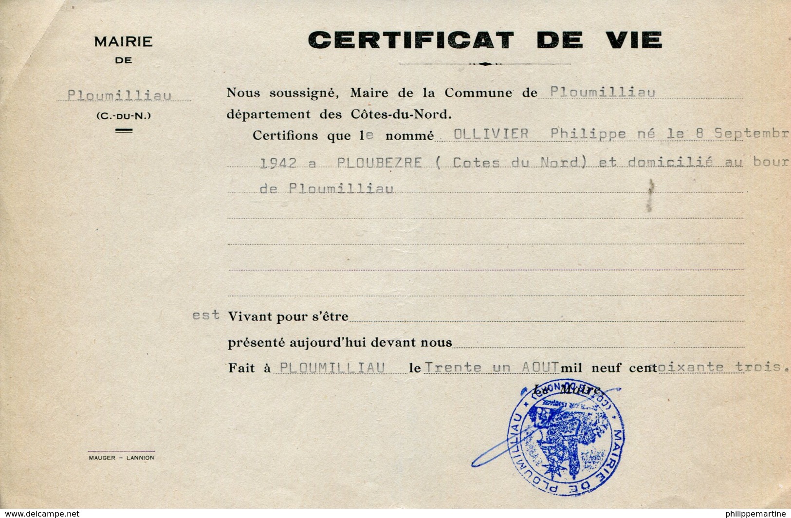 22 - Ploumilliau : Certificat De Vie Du 31 Août 1963 - Ohne Zuordnung