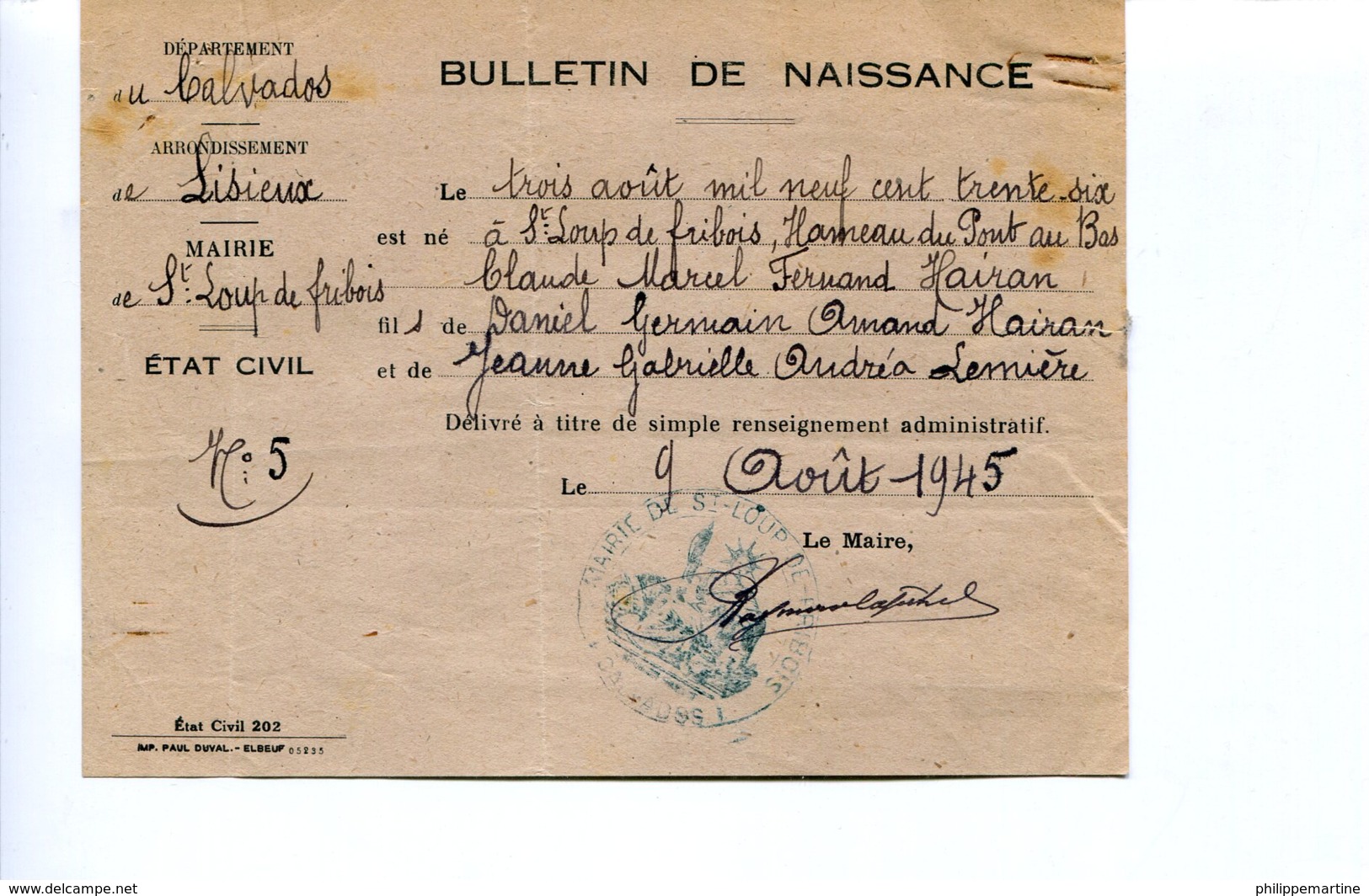 14 -St Loup De Fribois : Bulletin De Naissance Du 9 Août 1946 - Zonder Classificatie