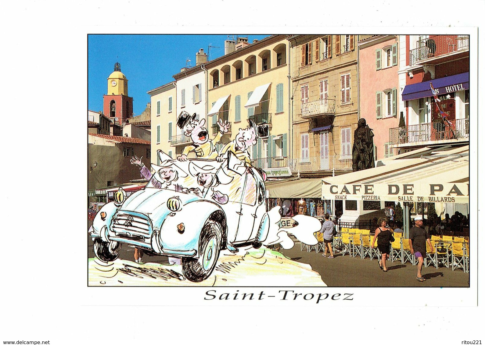 Cpm  83 - Saint-Tropez - Illustration Voiture 2 CV CITROËN Religieuse Gendarme Café Salle Billards - Saint-Tropez