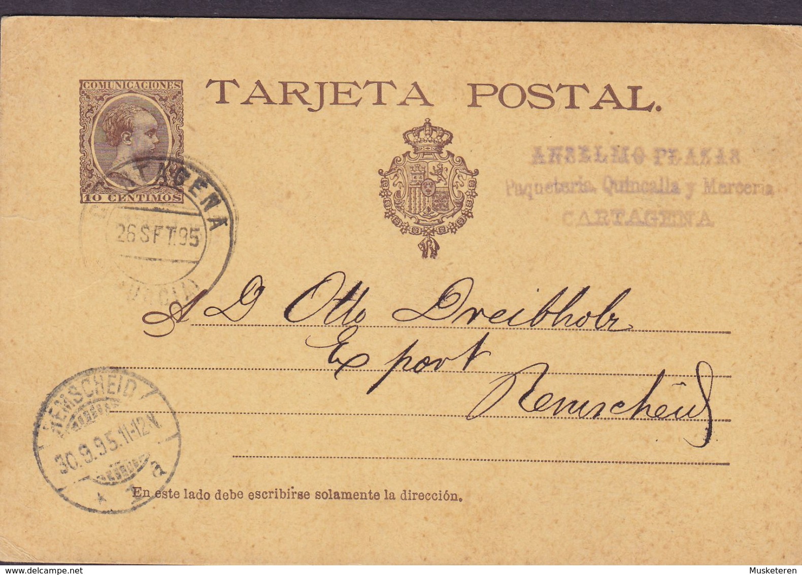 Spain UPU Postal Stationery Ganzsache Enteri Alfons XIII. ANSELMO PLEASAS, CARTAGENA 1895 REMSCHEID (Arr.) Germany - 1850-1931