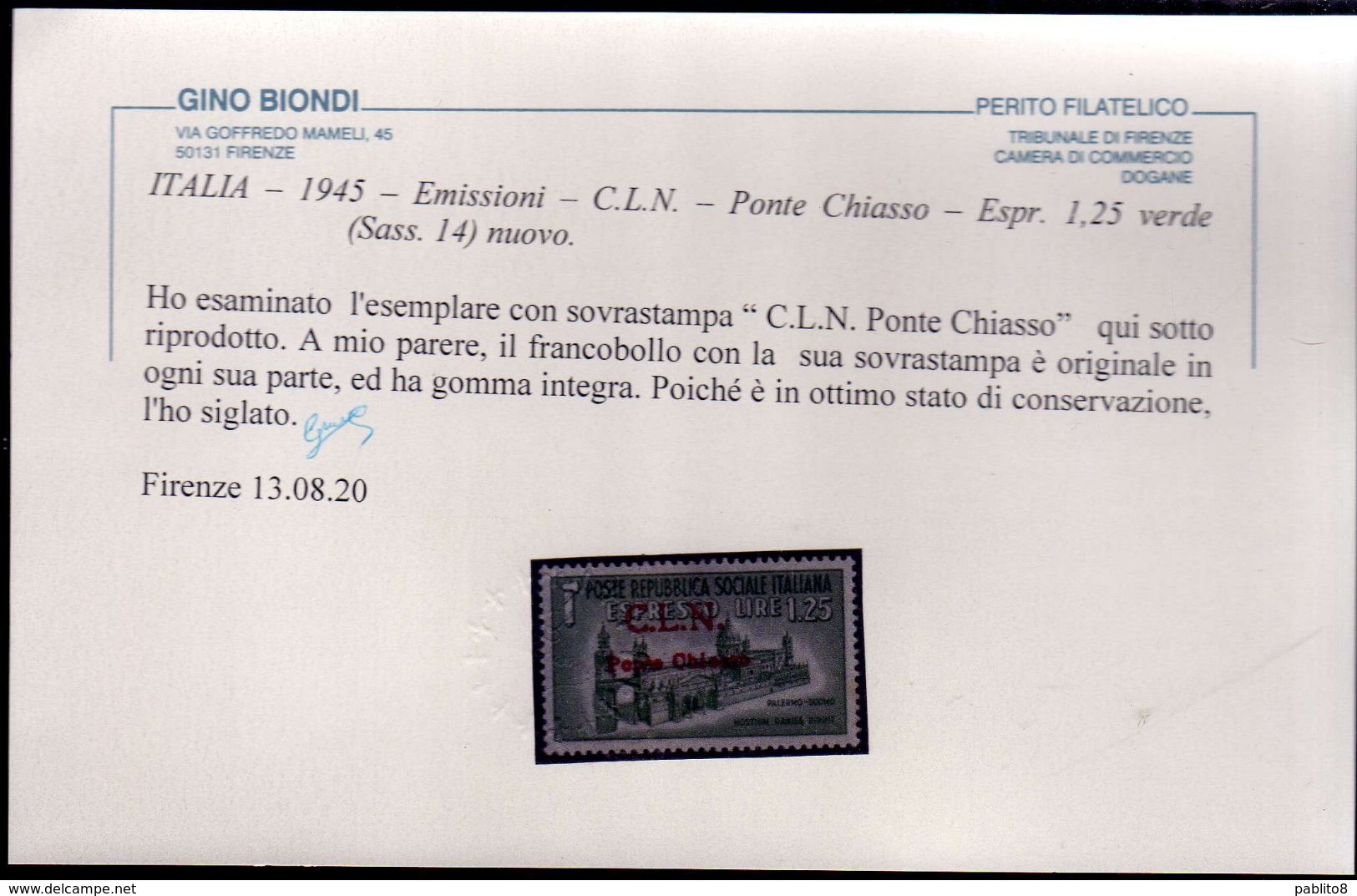 CLN PONTE CHIASSO COMITATO DI LIBERAZIONE NAZIONALE REPUBBLICA SOCIALE 1945 ESPRESSO LIRE 1,25 MNH CERTIFICATO - National Liberation Committee (CLN)