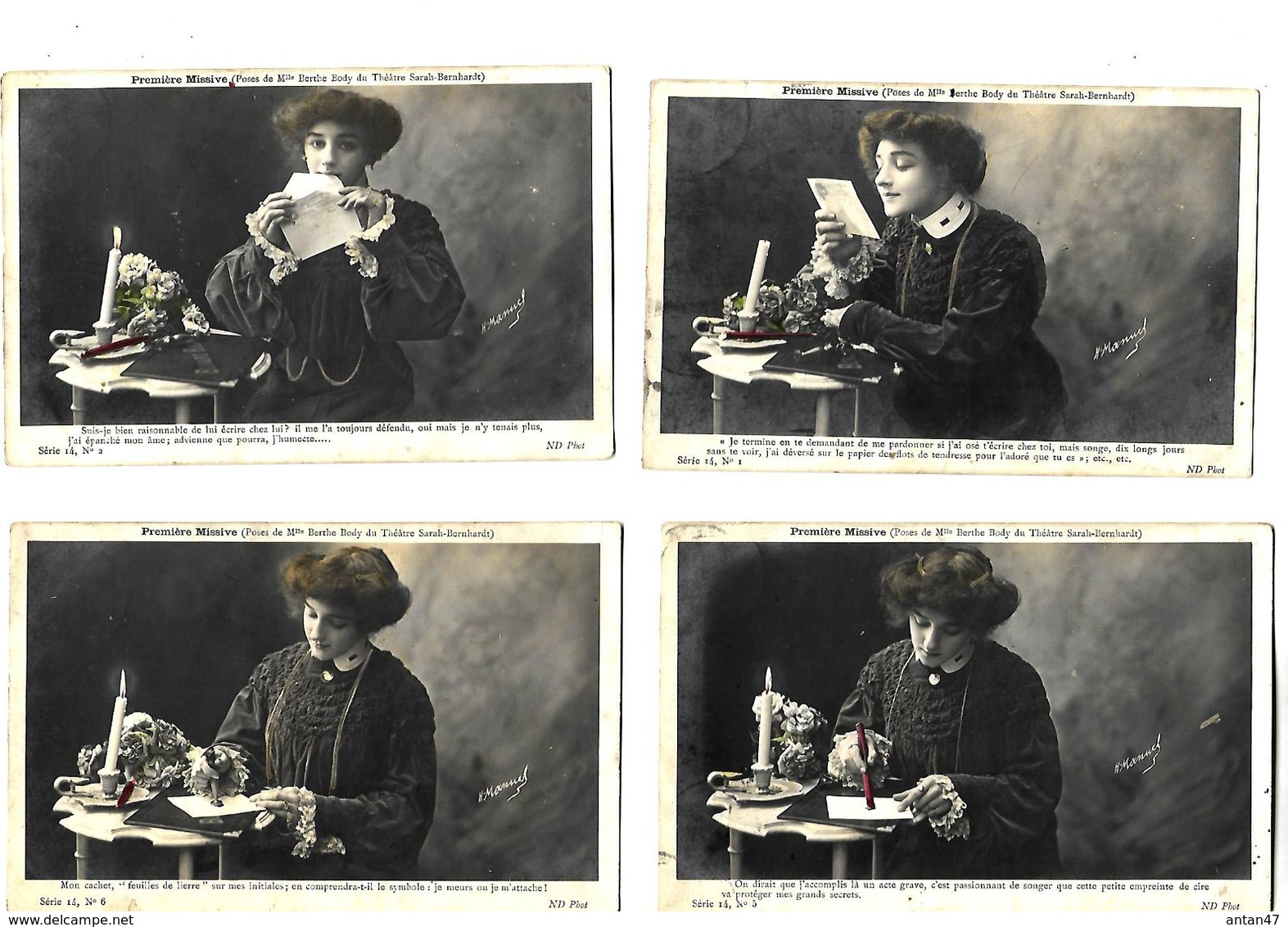 4 Cartes 1905 / Première Missive / Poses De Berthe BODY Théâtre Sarah BERNHARDT / Lettre, Jeune Fille, Bougie - Artisti