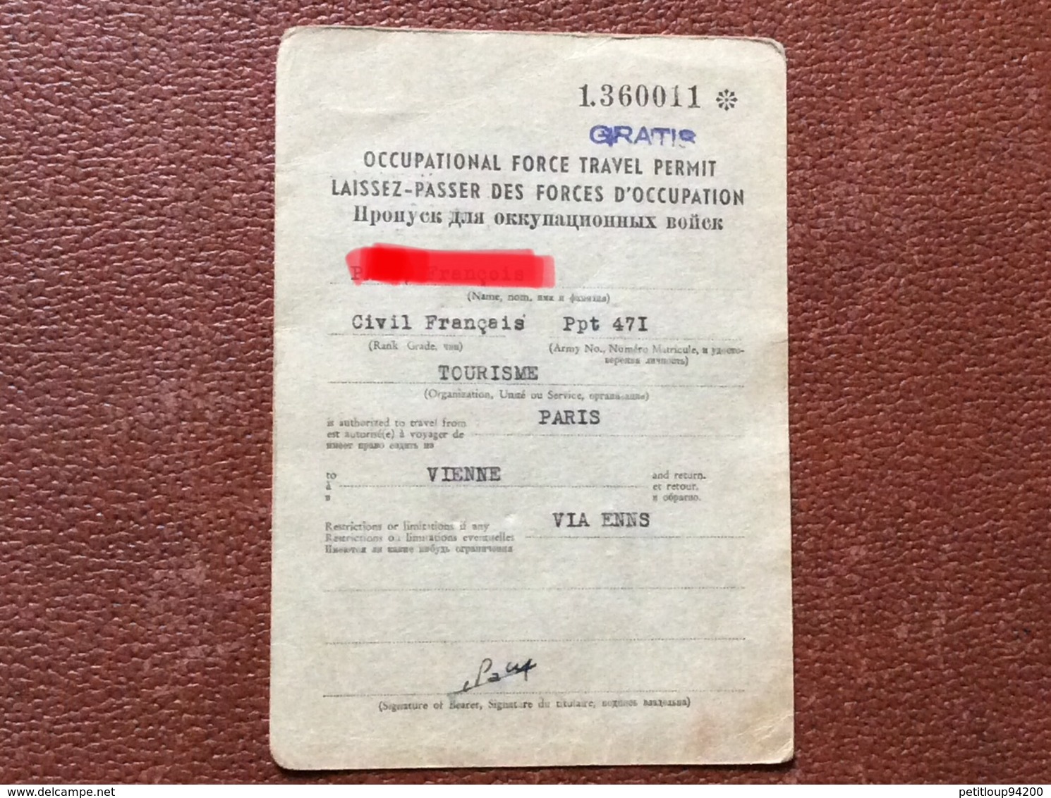 LAISSEZ-PASSER DES FORCES D’OCCUPATION  OCCUPATION FORCE TRAVEL PERMIT  Vienne AUTRICHE  Annee 1953 - Documents