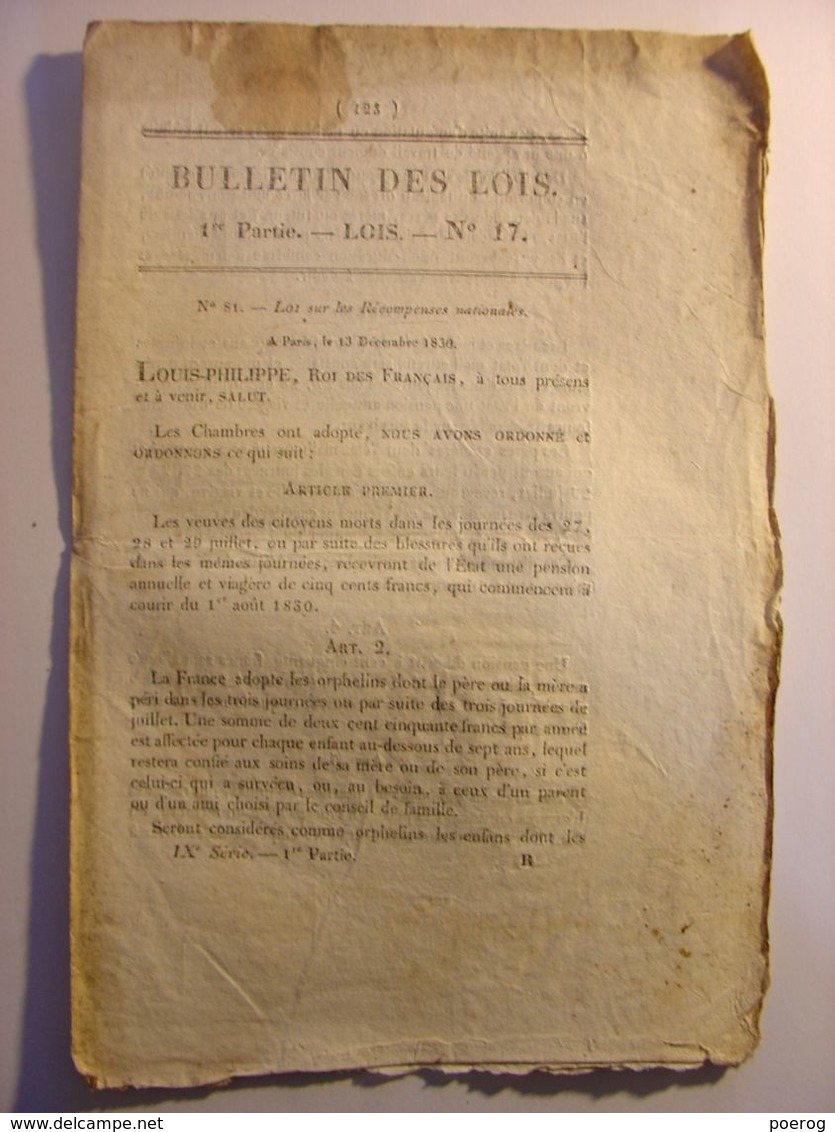 BULLETIN DES LOIS N°17 Du 16 DECEMBRE 1830 - LOI SUR LES RECOMPENSES NATIONALES - Wetten & Decreten