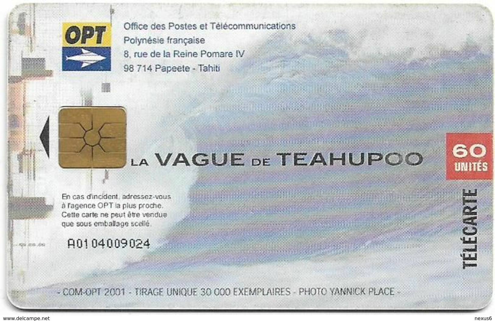 French Polynesia - OPT - La Vague De Teahupoo - Gem1B Not Symm. White/Gold, 05.2001, 60Units, 30.000ex, Used - Polynésie Française