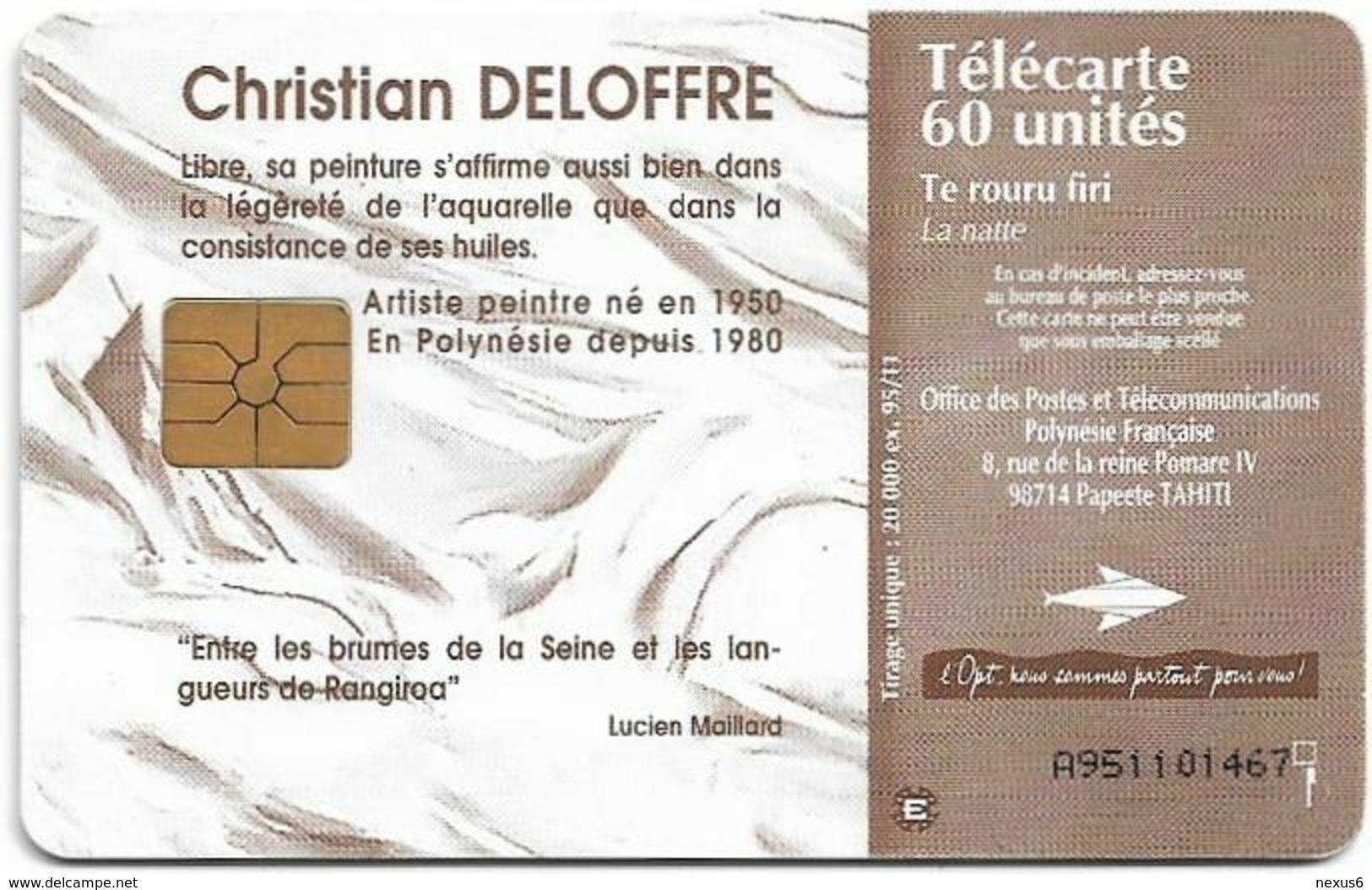 French Polynesia - OPT - Te Rouru Firi, La Natte, Gem1A Symmetr. Black, 11.1995, 60Units, 20.000ex, Used - Polynésie Française