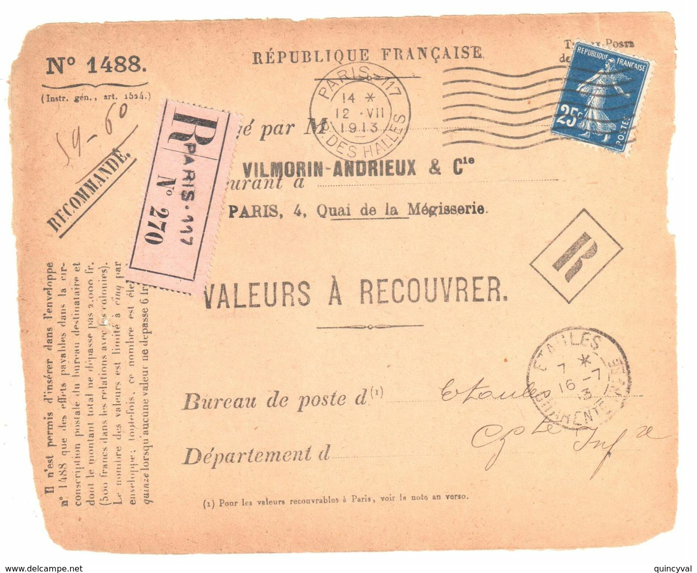 PARIS 117 Valeur à Recouvrer 1488 Yv 140 Semeuse 25c Bleu Ob 1913 Dest Etaules Charentes Inf Ob Meca Krag B117101 - Cartas & Documentos