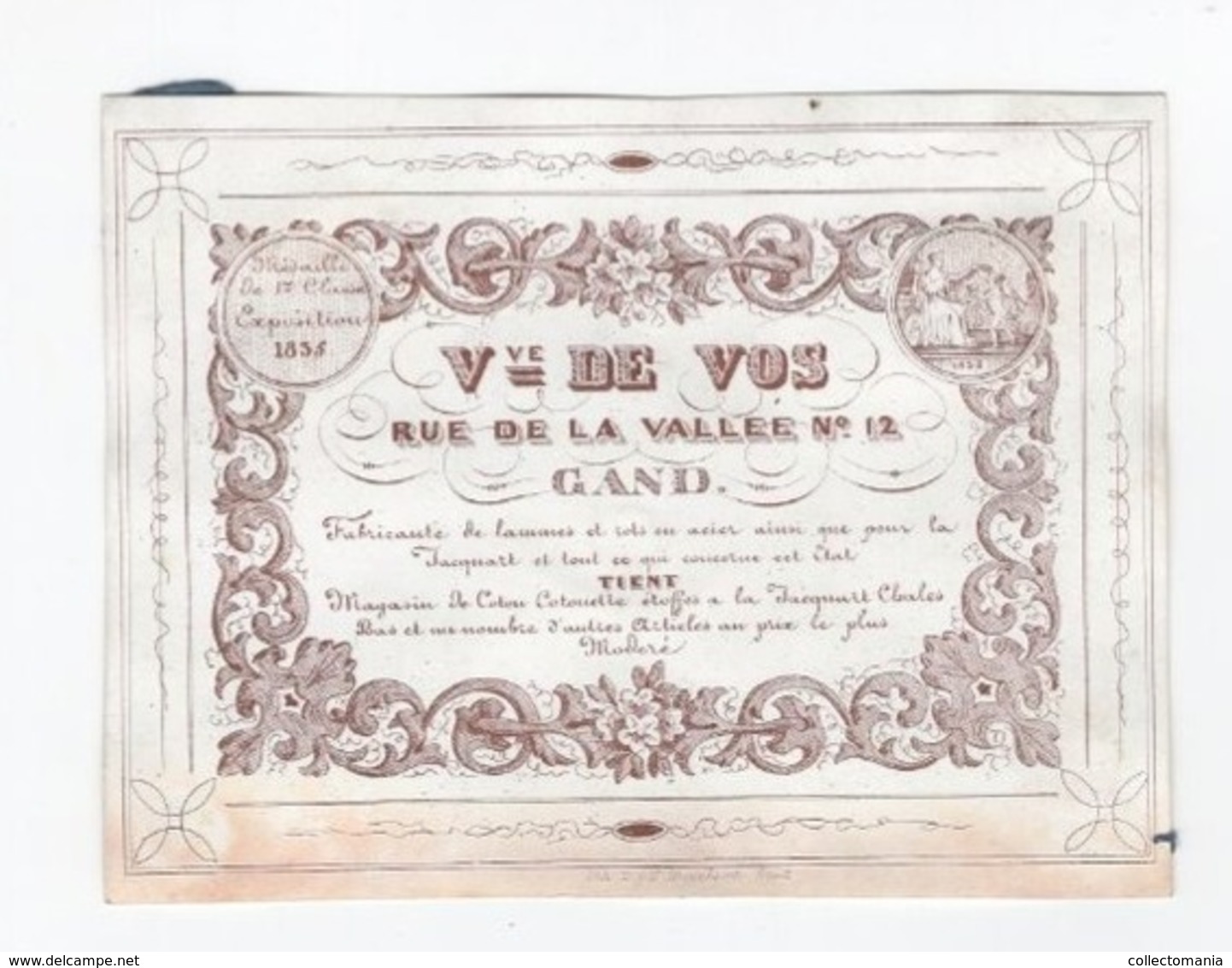 1 Carte Porcelaine  Vve De Vos Fabricante De Lammes &Rots En Acier Rue De La Valée Gand Médaille 1835  Afm.:13x10cm - Porcelaine