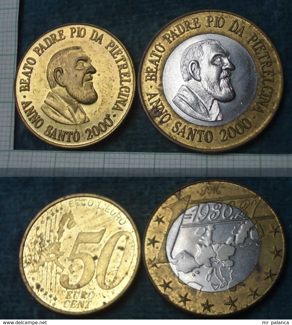 M_p> Gettoni Precursori Dell'Euro Da 0,50 E 1 Euro Con Padre Pio - Monedas/ De Necesidad