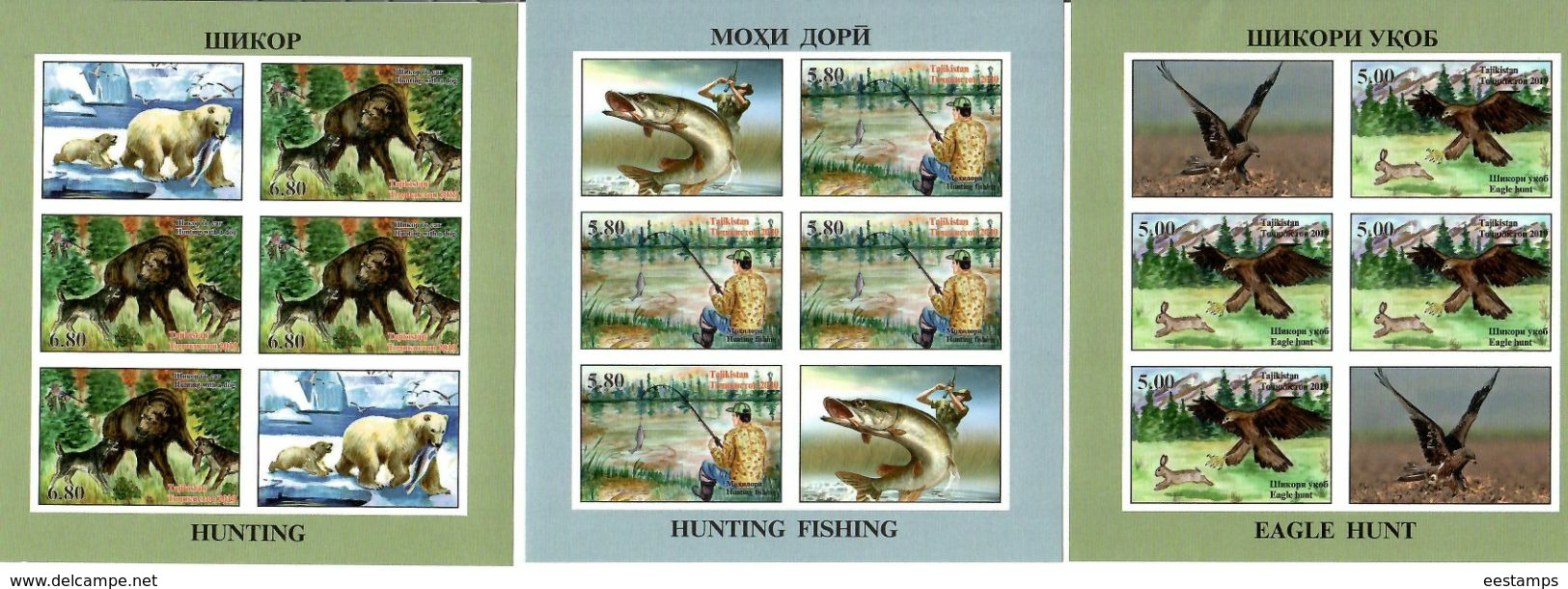 Tajikistan 2020 . Eagle,Hare,Bears,Fish,Dog.Imperf. 3 M/S Of 4+2 Label - Tadjikistan