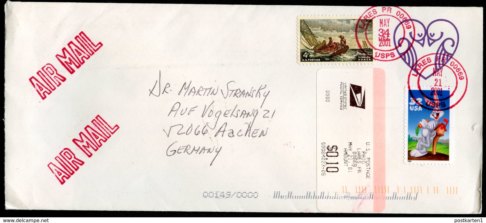 U647 PSE Cover LOVEBIRDS Used Lares PR To Germany 2001 - 2001-10