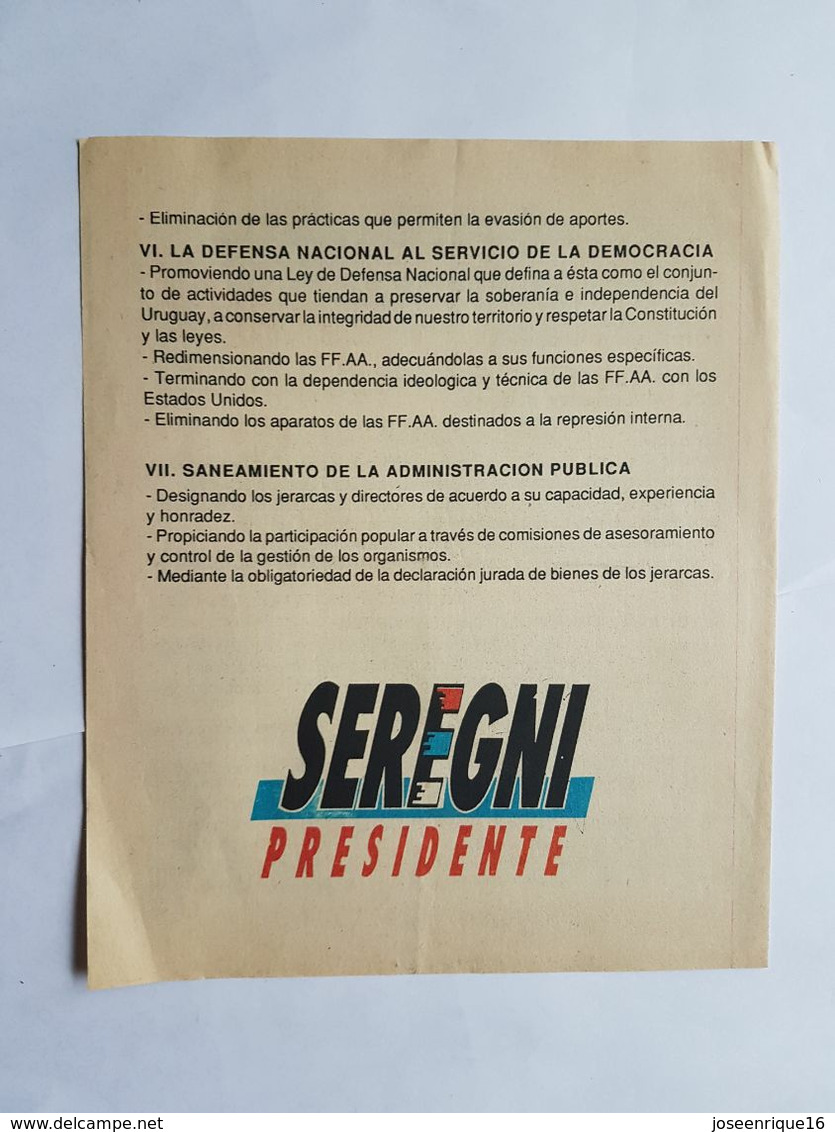 URUGUAY FOLLETO POLITICO SEREGNI PRESIDENTE, 1989, POLITICAL BROCHURE FRENTE AMPLIO - Zonder Classificatie