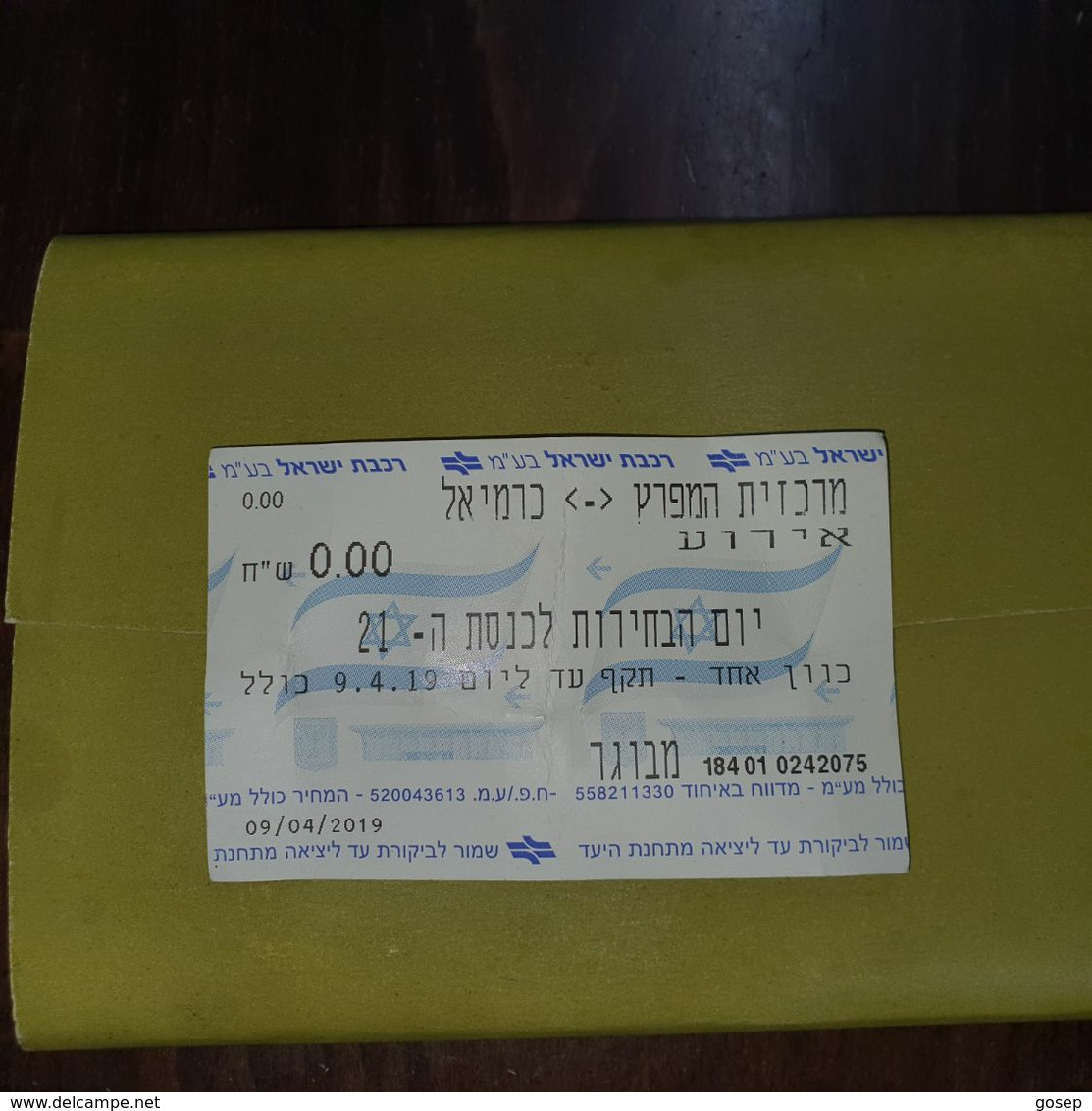 Israel-railway Card-(number Card-184010242075)(0.00new Sheqalim)-(09.4.2019)-(10)-used - Wereld