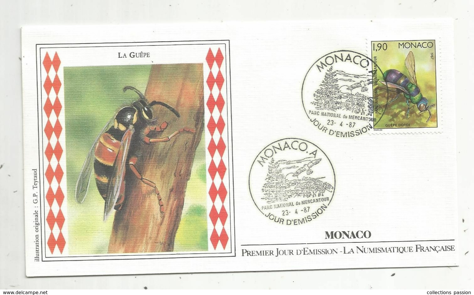 MONACO. A , FDC ,premier Jour , 1987 , Insectes ,LA GUÊPE ,parc National Du MERCANTOUR - FDC