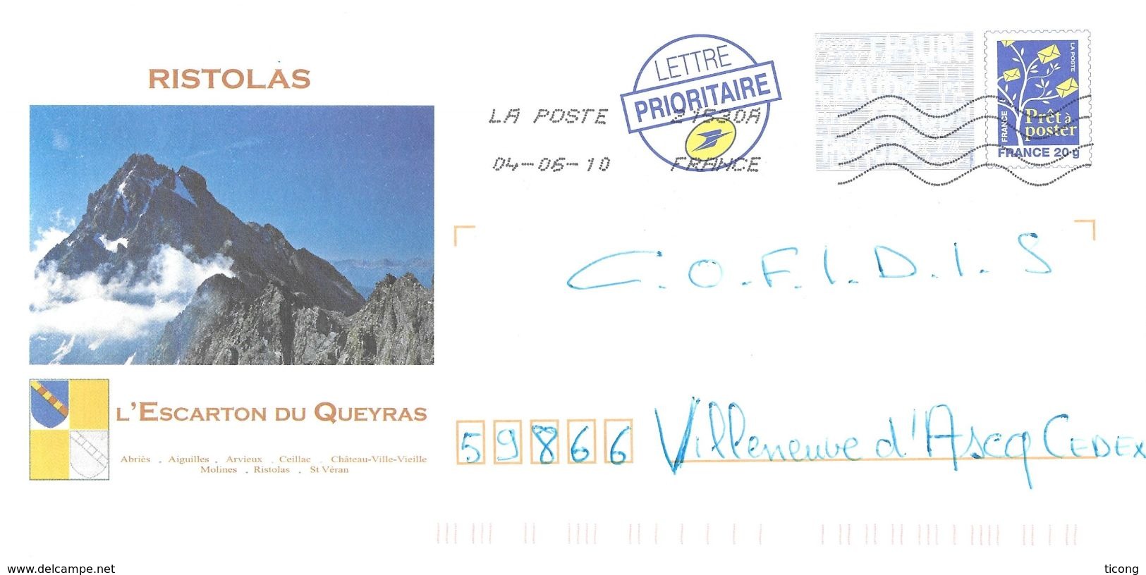 RISTOLAS HAUTES ALPES - L ESCARTON DU QUEYRAS, BLASON, MONTAGNE, ENVIRONNEMENT - PAP ENTIER POSTAL FLAMME 2010 - Umweltschutz Und Klima