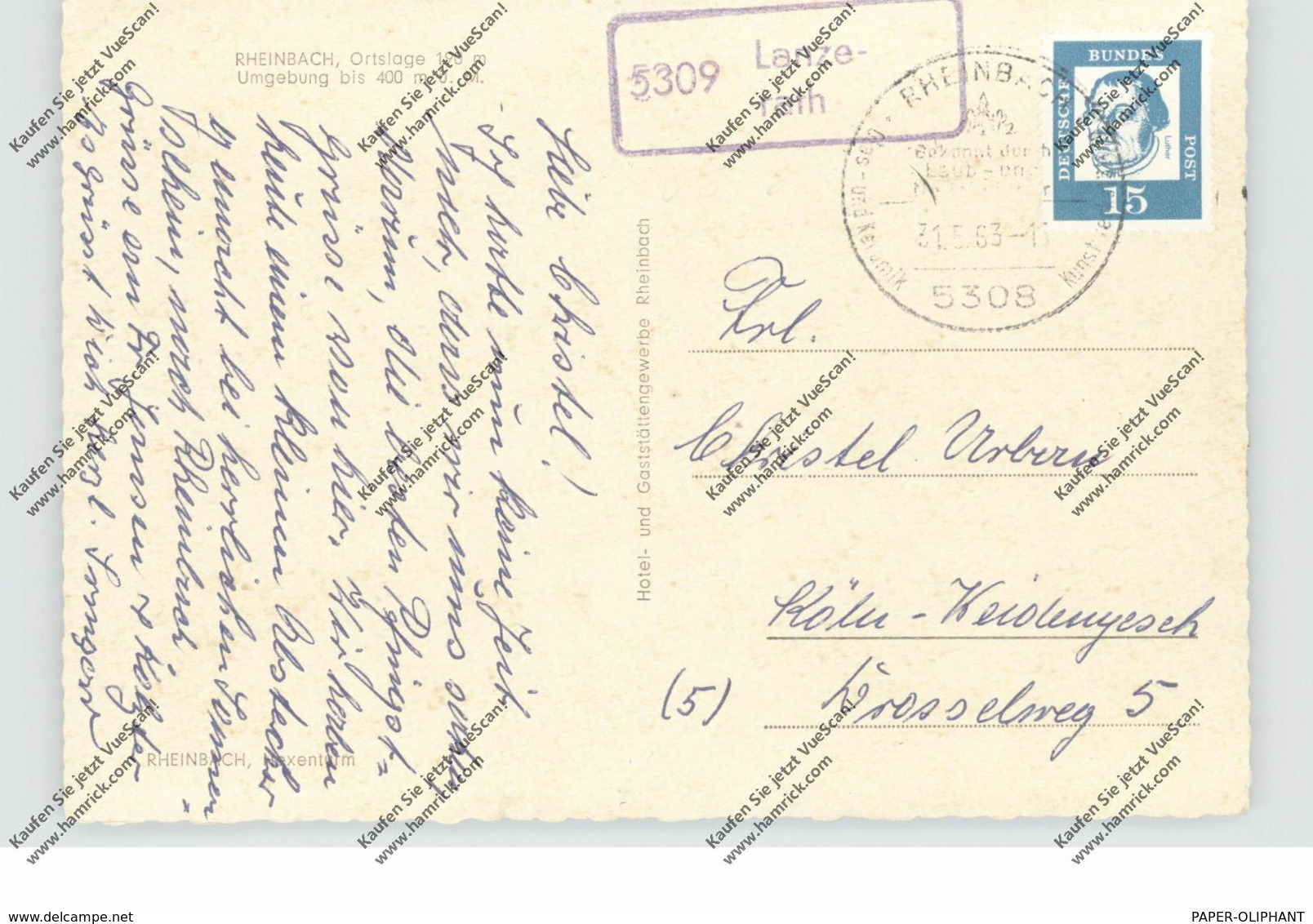 5308 RHEINBACH, Hexenturm, Landpoststempel "5309 Lanzerath", 1963 - Siegburg