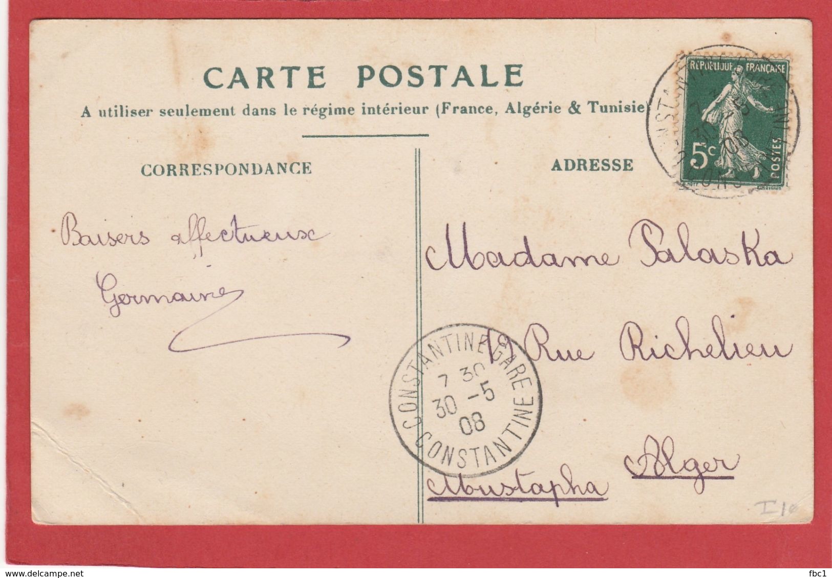 Algérie - CàD CONSTANTINE GARE -CONSTANTINE Sur Type Semeuse 30/05/1908 - 1877-1920: Semi-Moderne