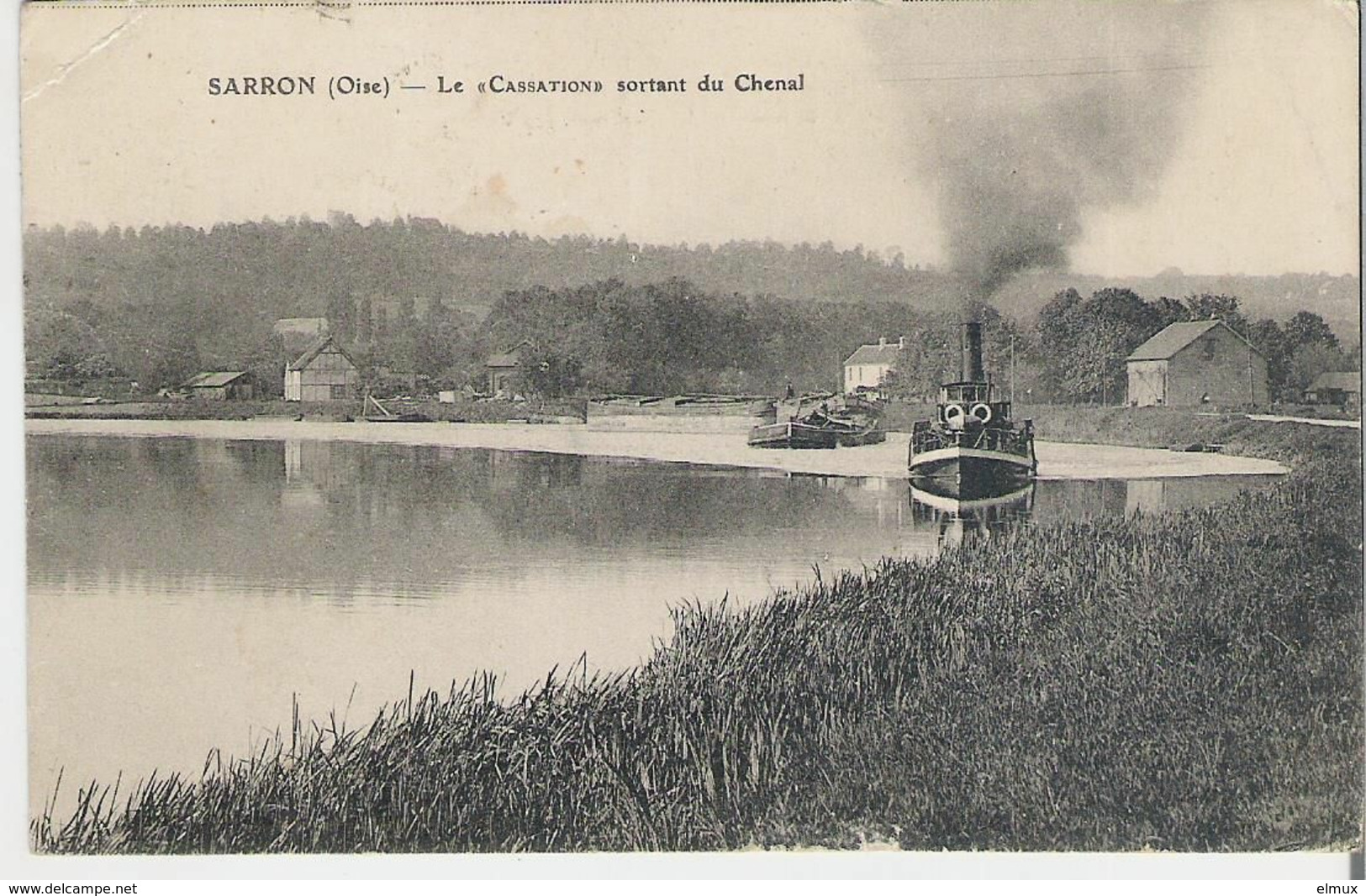 PENICHE - OISE  - SARRON. CPA Voyagée Bâteau à Vapeur Et Péniche  Sortant Du Chenal (coin Marqué Voir Scan) - Binnenschepen