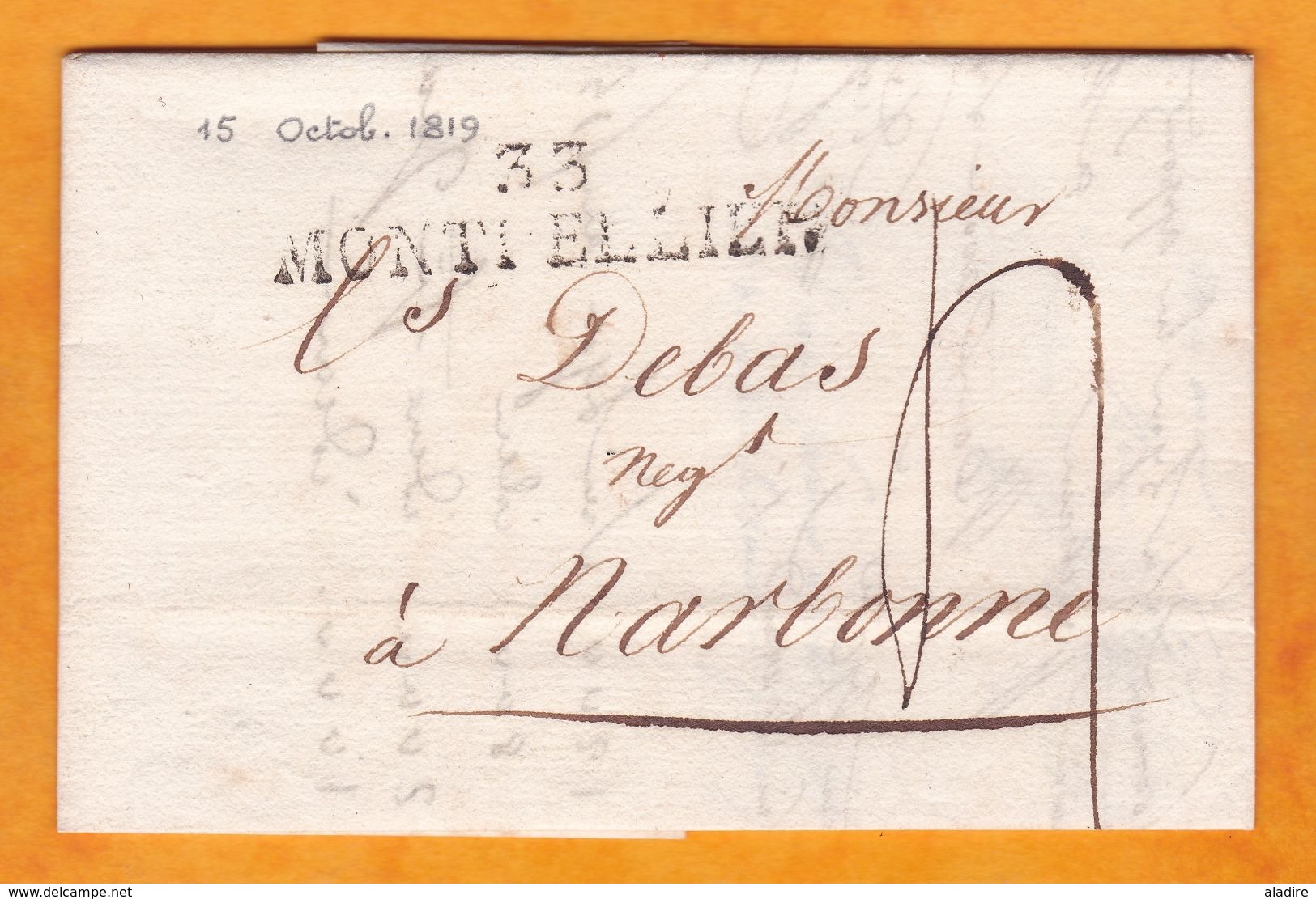 1819 - Marque Postale 33 Montpellier, Hérault Sur Lettre Pliée Avec Correspondance Vers Narbonne, Aude - 1801-1848: Précurseurs XIX