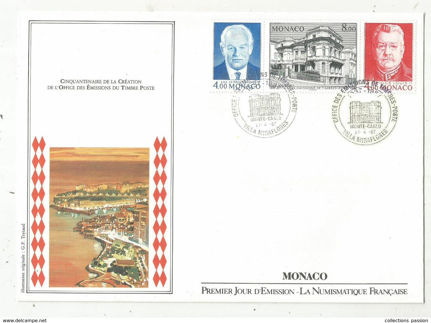 MONACO. A , FDC, 1987 , Monte Carlo , 220 X 160 Mm , Villa Miraflores , Cinquantenaire De La Création...frais Fr 1.55 E - FDC